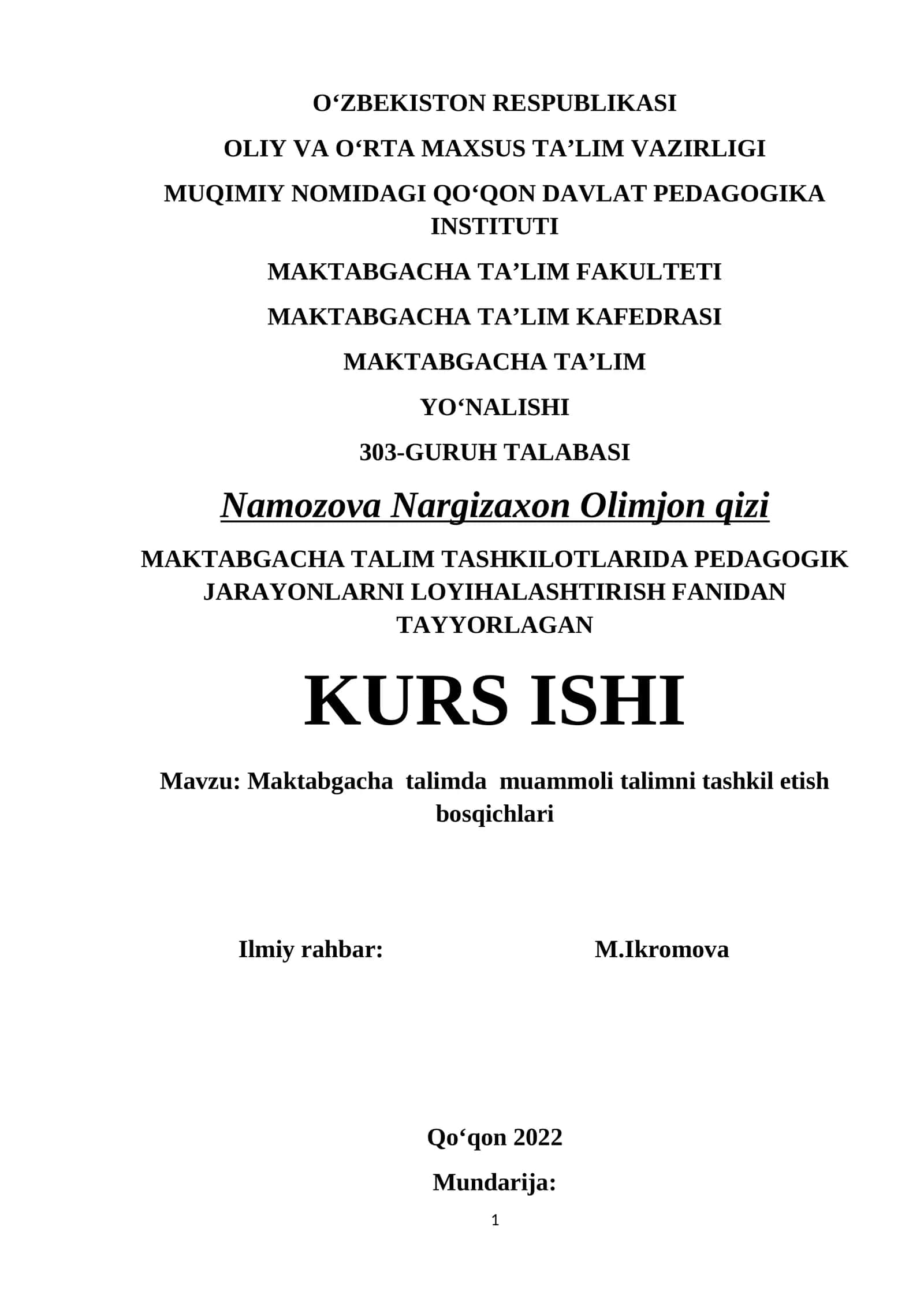 KURS ISHI: Maktabgacha talimda muammoli talimni tashkil etish bosqichlari 1