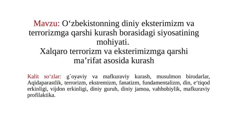 O‘zbekistonning diniy ekstremizm va terrorizmga qarshi kurash bo'rasida gisiyo'satiining mohiyati 1