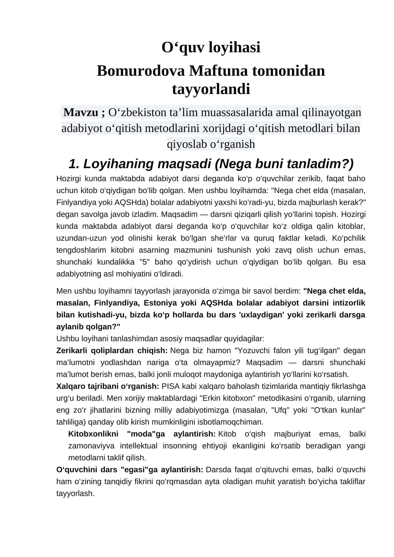 O‘zbekiston ta’lim muassasalarida amal qilinayotgan adabiyot o‘qitish metodlarini xorijdagi o‘qitish metodlari bilan qiyoslab o‘rganish 1