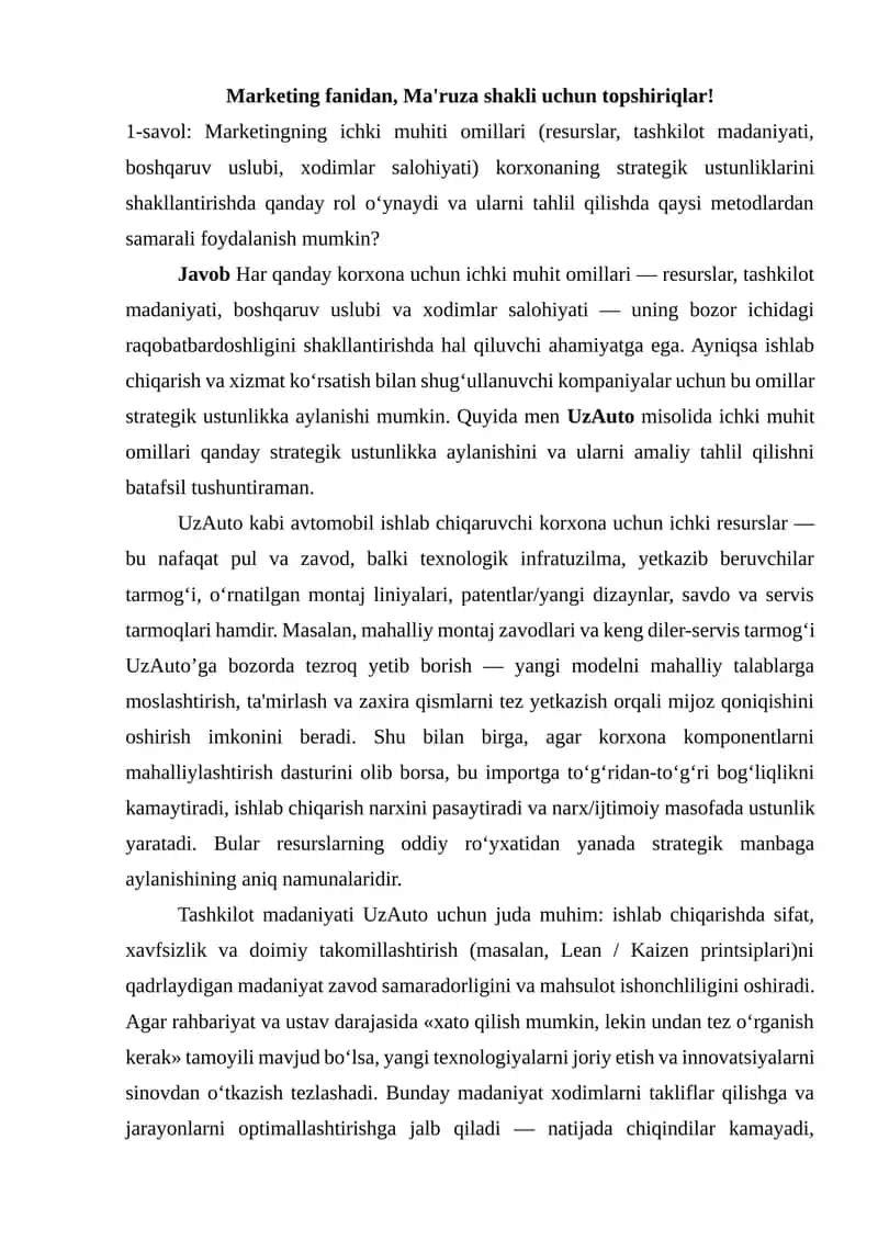 Marketing fanidan, Ma'ruza shakli uchun topshiriqlar! 1