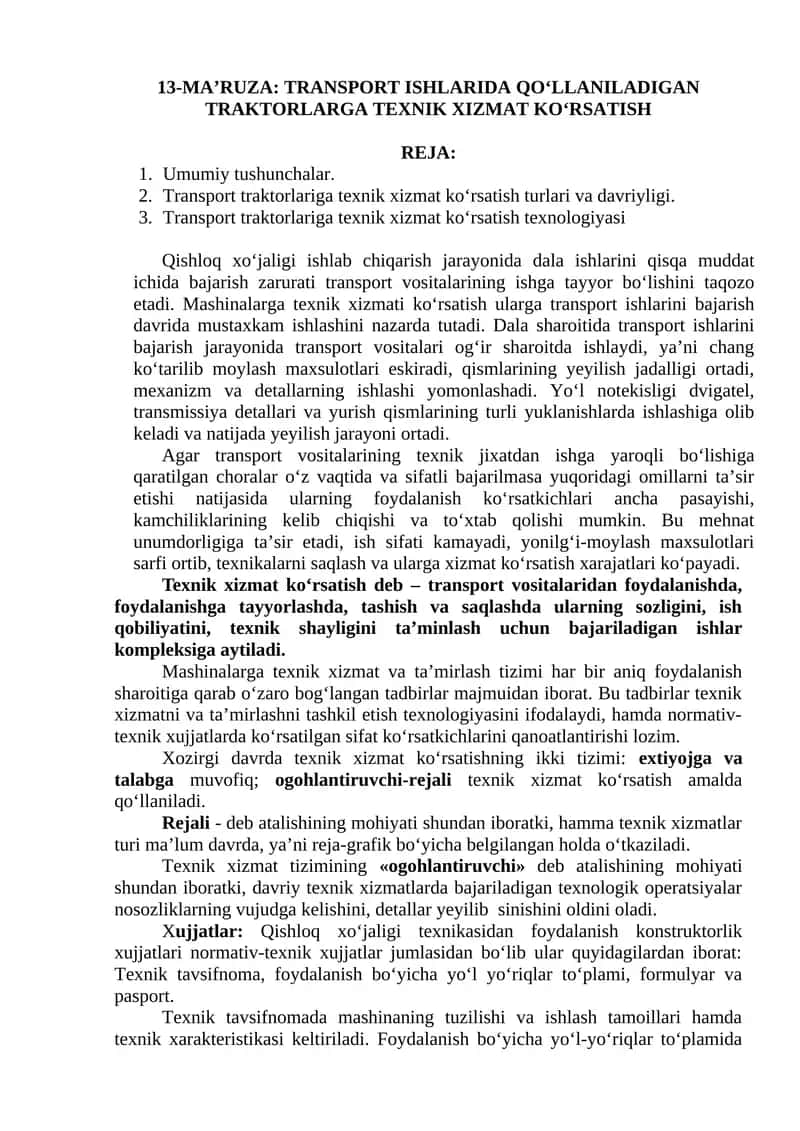TRANSPORT ISHLARIDA QO‘LLANILADIGAN TRAKTORLARGA TEXNIK XIZMAT KO‘RSATISH 1