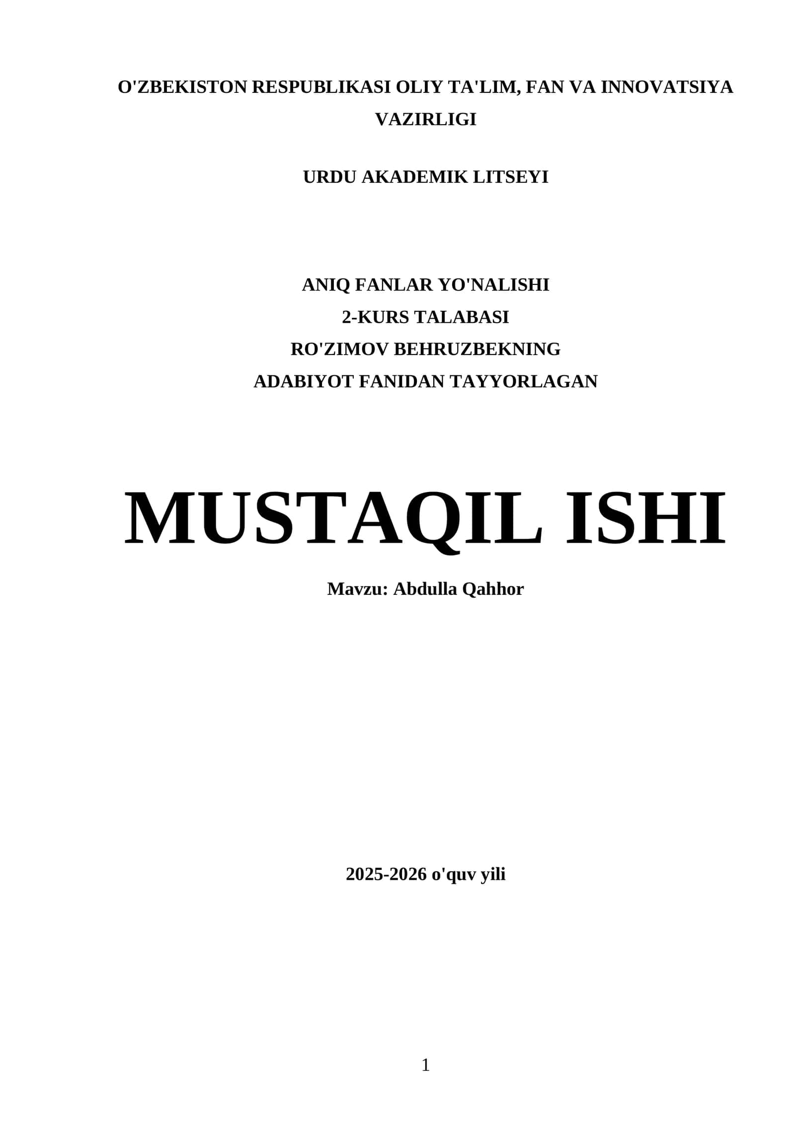 Abdulla Qahhorning Adabiyot Fanidan Tayyorlagan Mustaqil Ishi 1