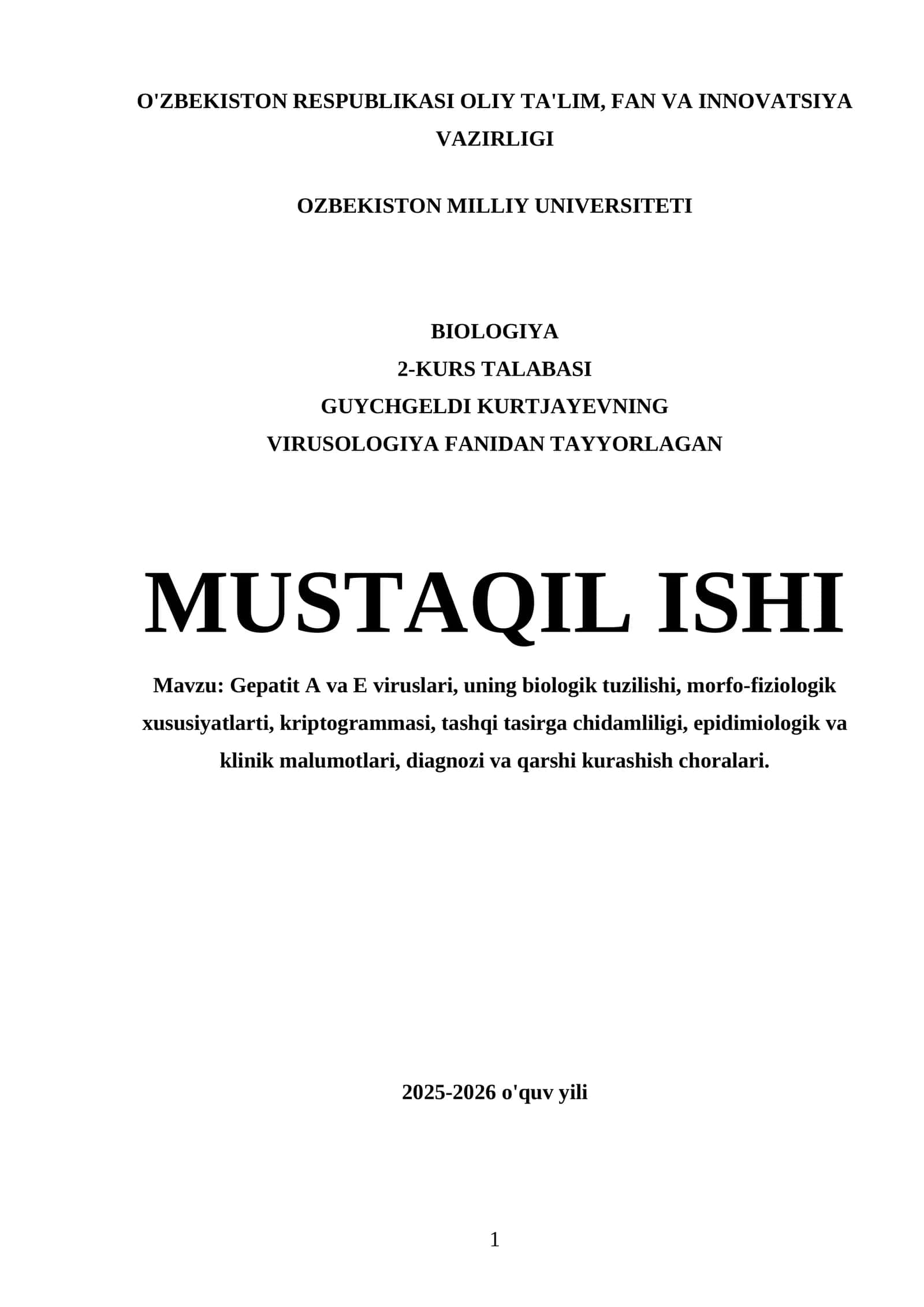 GUYCHGELDI KURTJAYEVNING VIRUSOLOGIYA FANIDAN MUSTAQIL ISHI 1