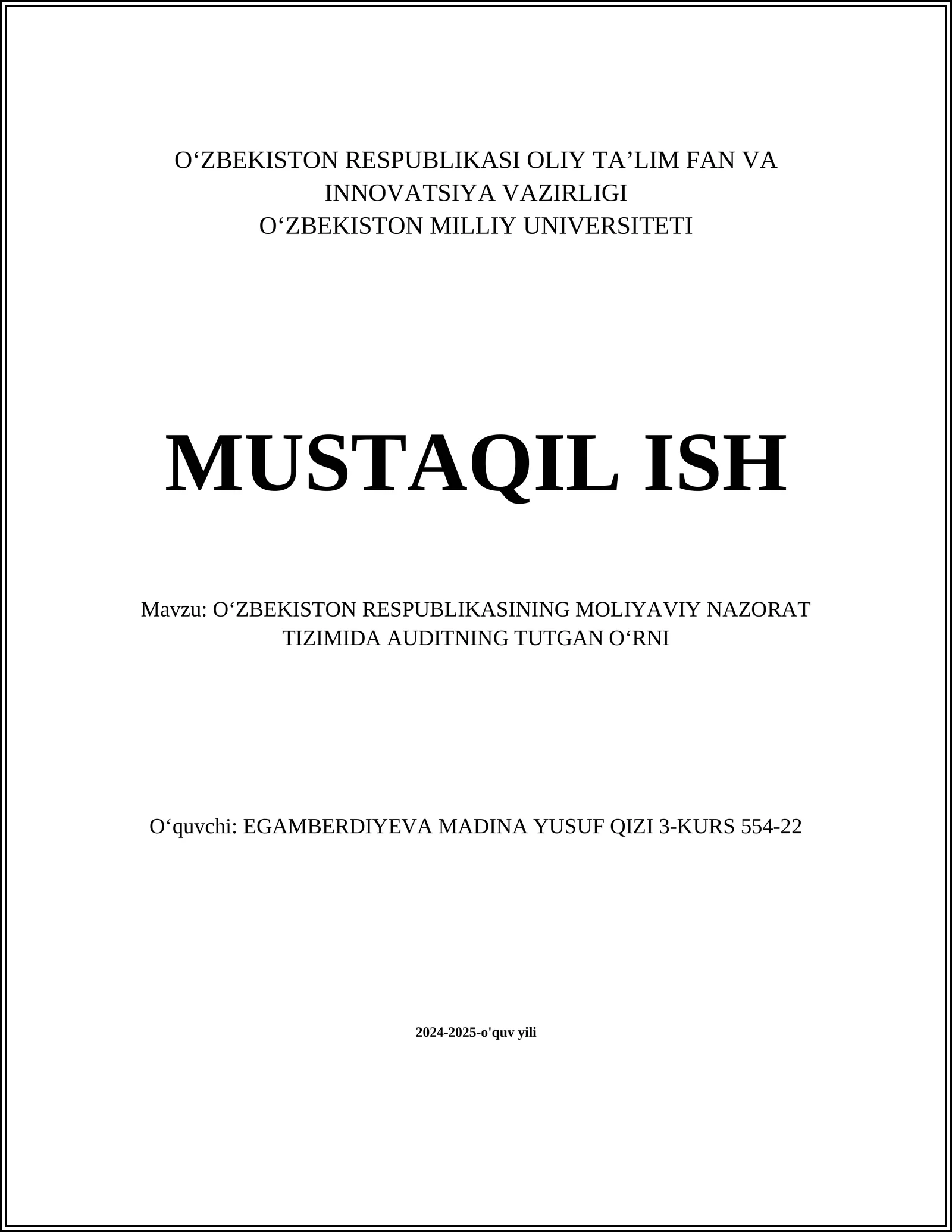 O‘zbekiston Respublikasining Moliyaviy Nazorat Tizimida Auditning Tutgan O‘rni 1