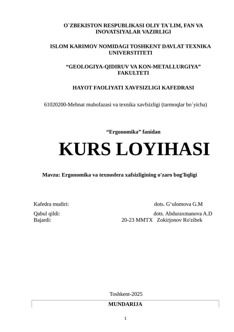 Ergonomika va texnosfera xafsizligining o'zaro bog'liqligi 1