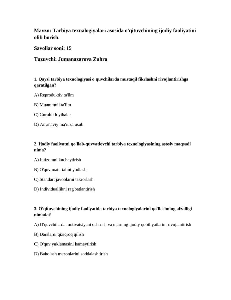 Tarbiya texnalogiyalari asosida o'qituvchining ijodiy faoliyatini olib borish 1