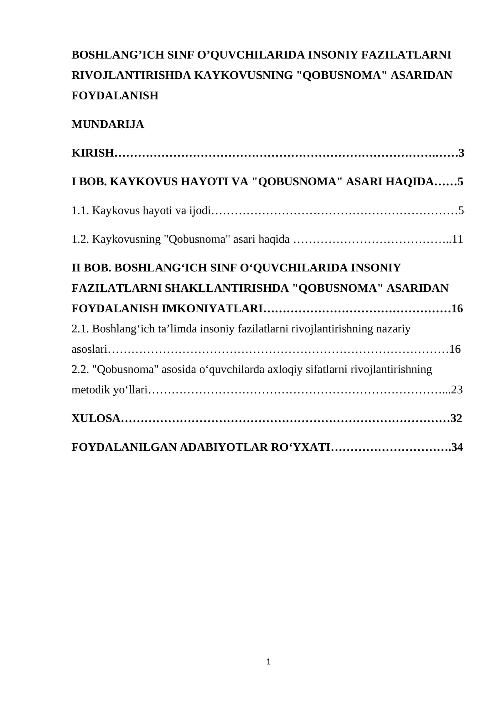 BOSHLANG’ICH SINF O’QUVCHILARIDA INSONIY FAZILATLARNI RIVOJLANTIRISHDA KAYKOVUSNING "QOBUSNOMA" ASARIDAN FOYDALANISH 1