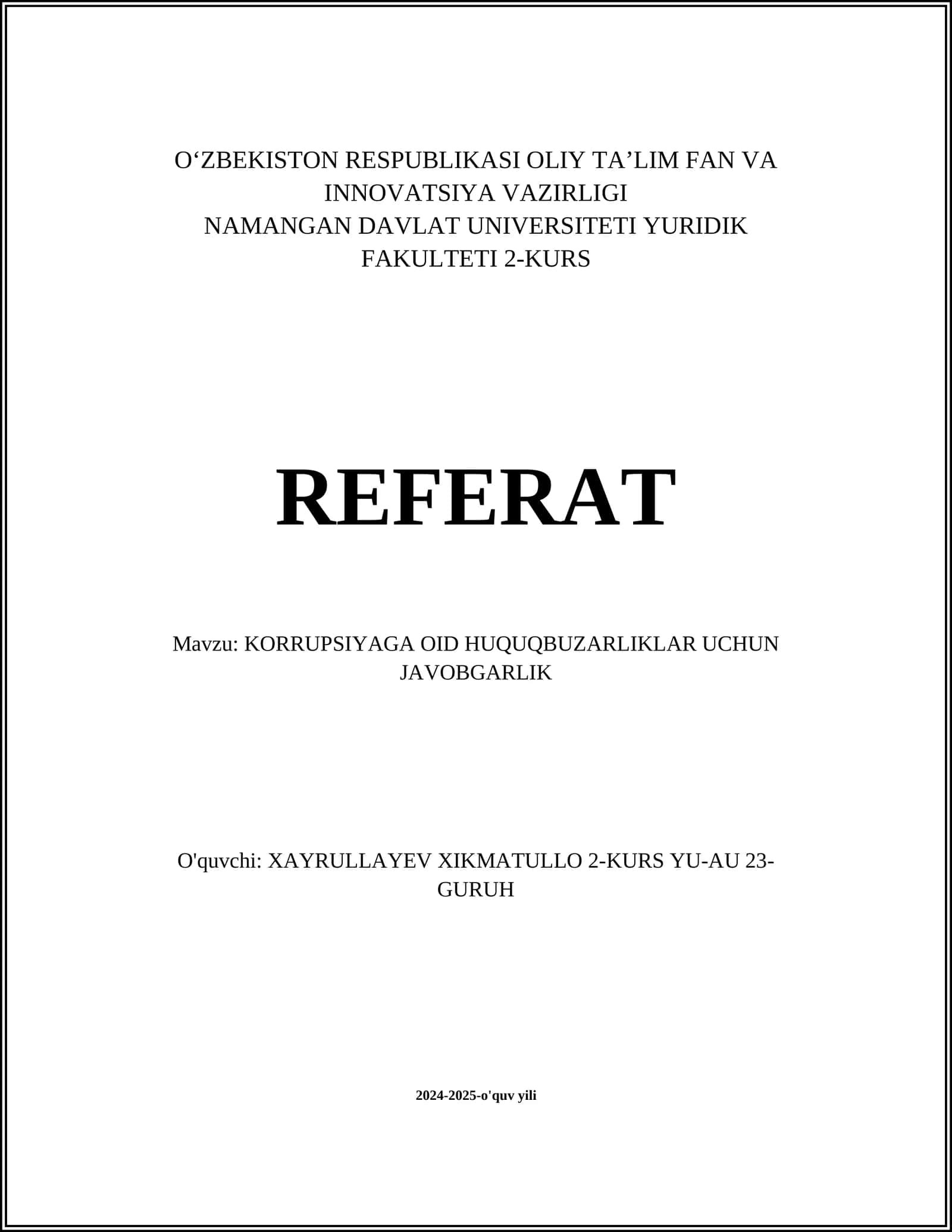 KORRUPTSIYAGA OID HUQUQBUZARLIKLAR UCHUN JAVOBGARLIK 1