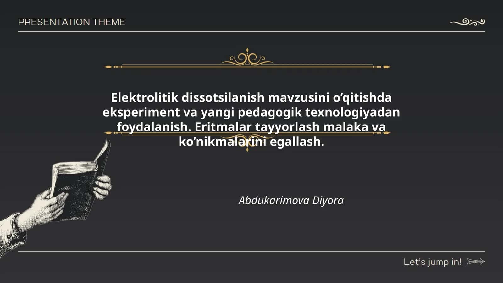 Elektrolitik dissotsilanish mavzusini o’qitishda eksperiment va yangi pedagogik texnologiyadan foydalanish. Eritmalar tayyorlash malaka va ko’nikmalarini egallash 1