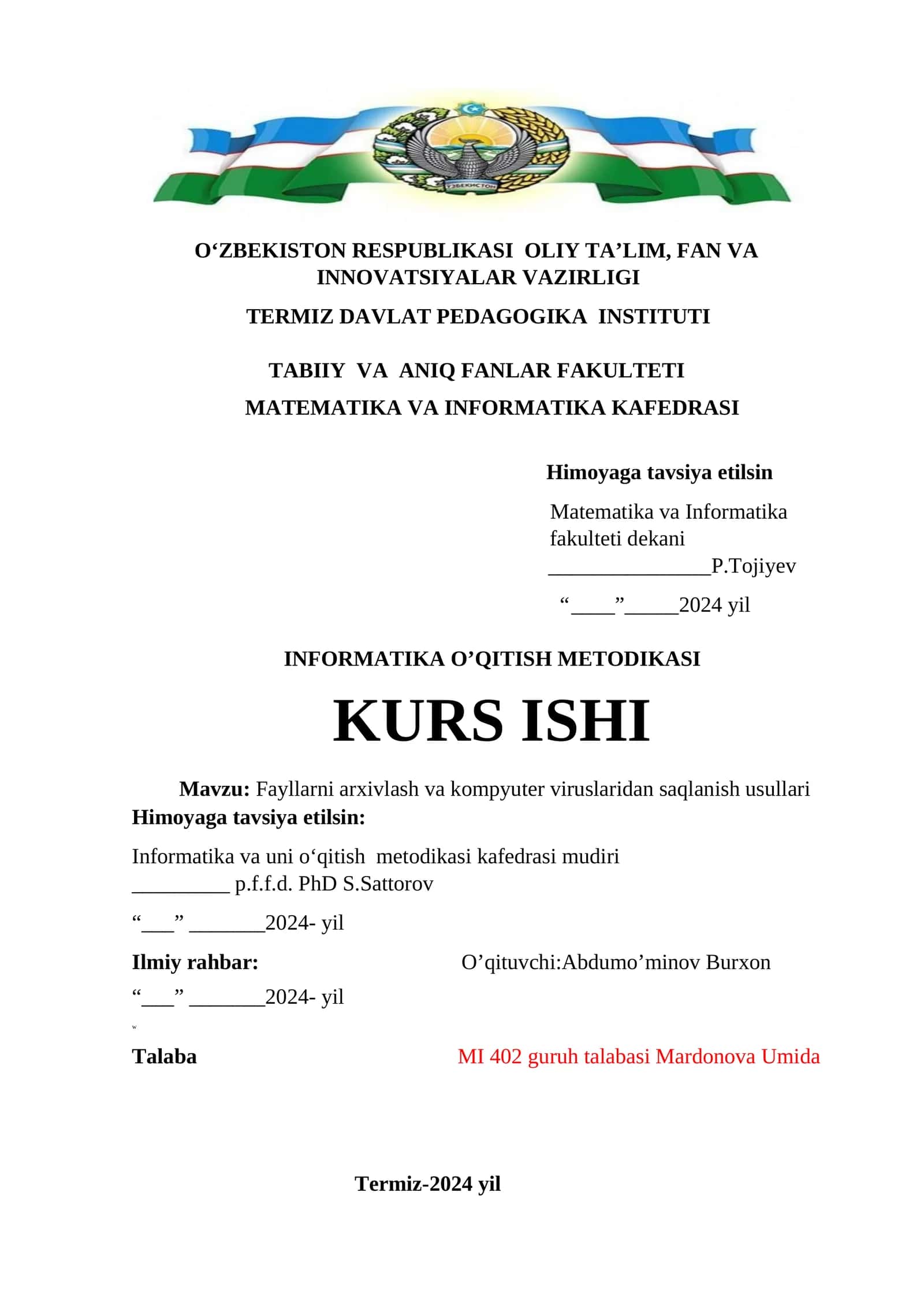 Informatika o’qitish metodikasi KURS ISHI 1