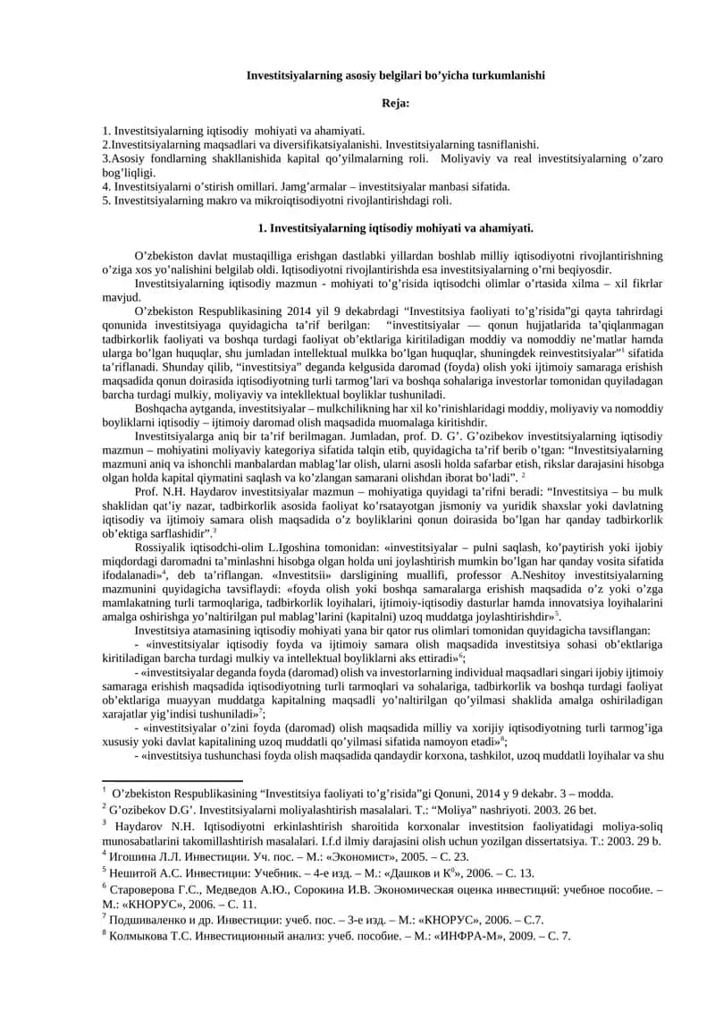 Investitsiyalarning asosiy belgilari bo’yicha turkumlanishi 1