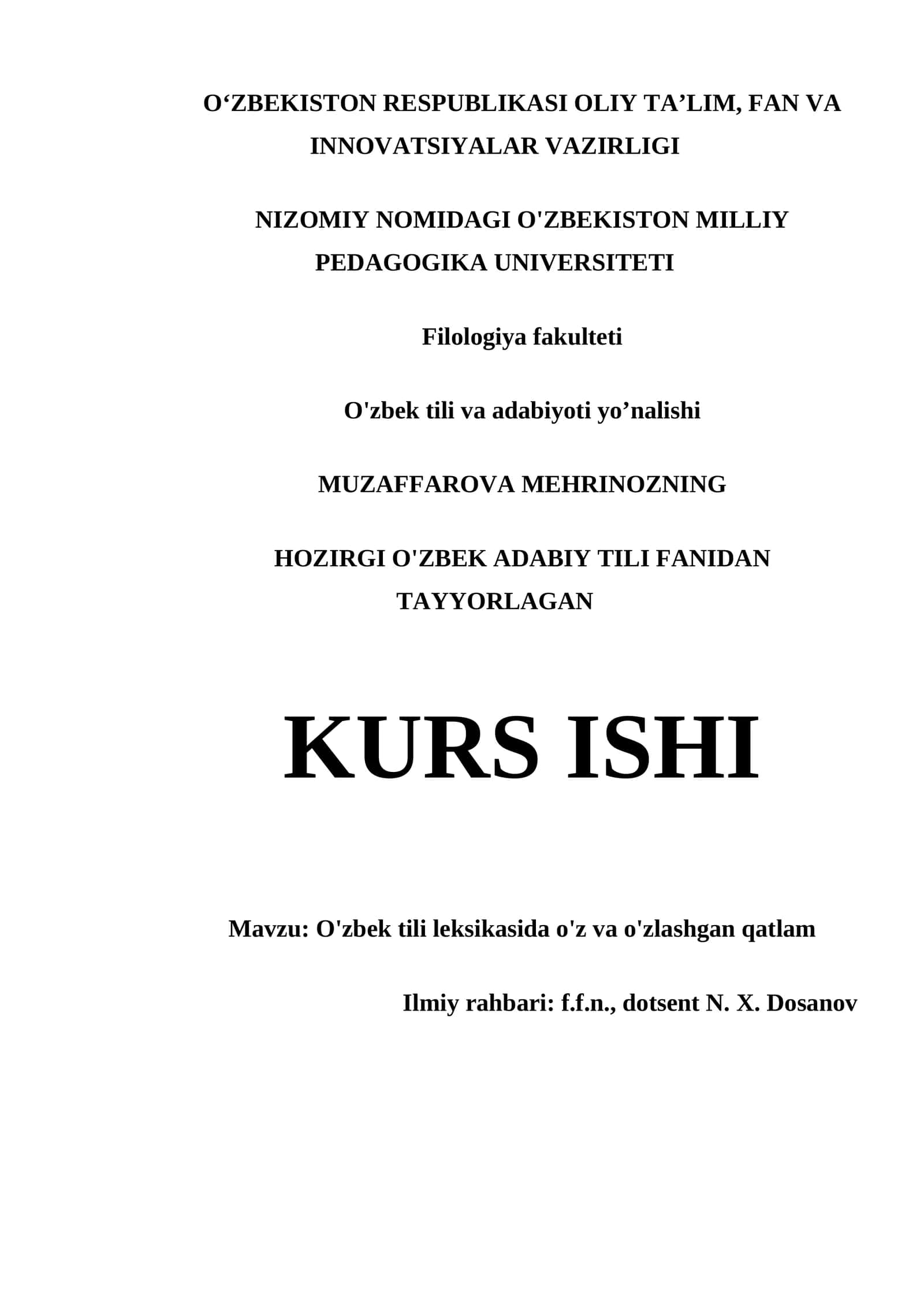 O'zbek tili leksikasida o'z va o'zlashgan qatlam kurs ishi 1