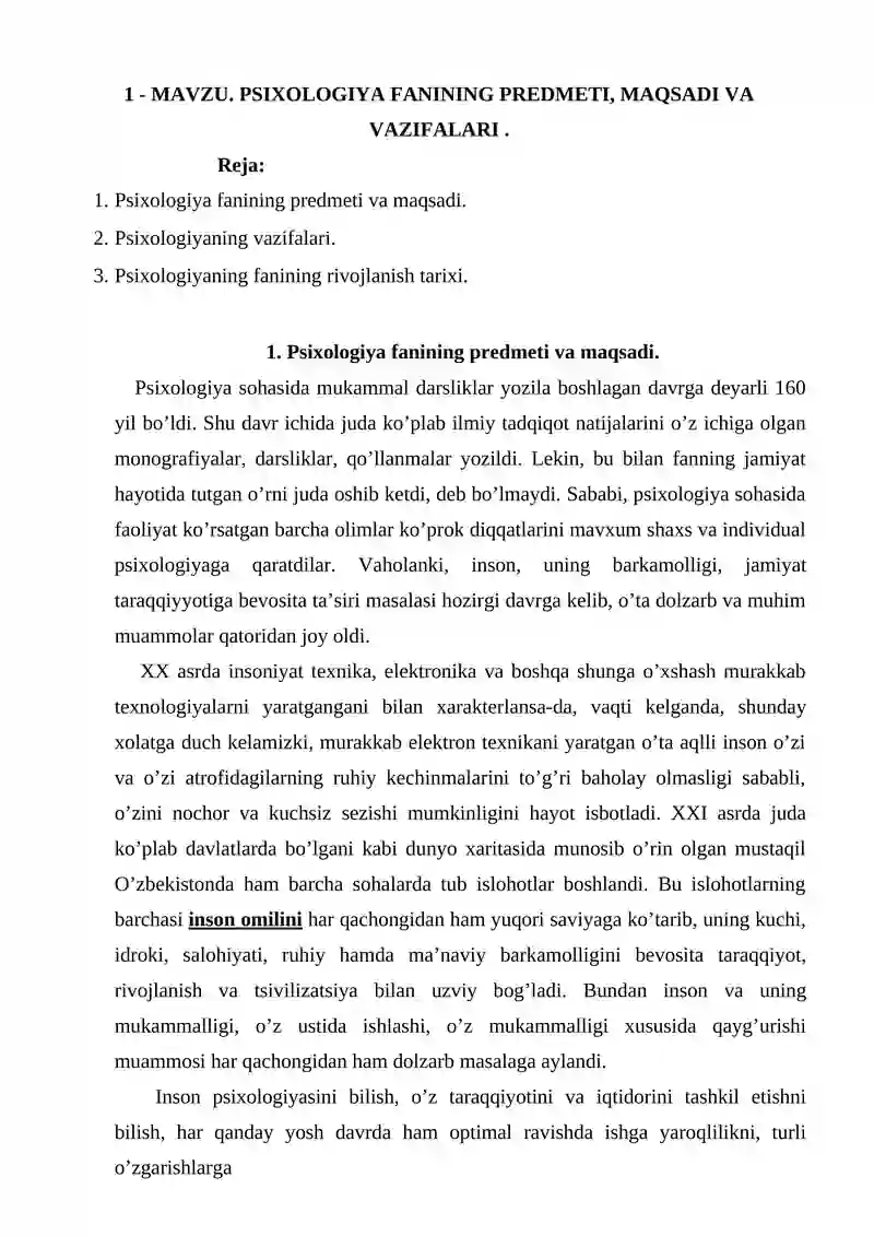 Psixologiya Fanining Predmeti, Maqsadi va Vazifalari