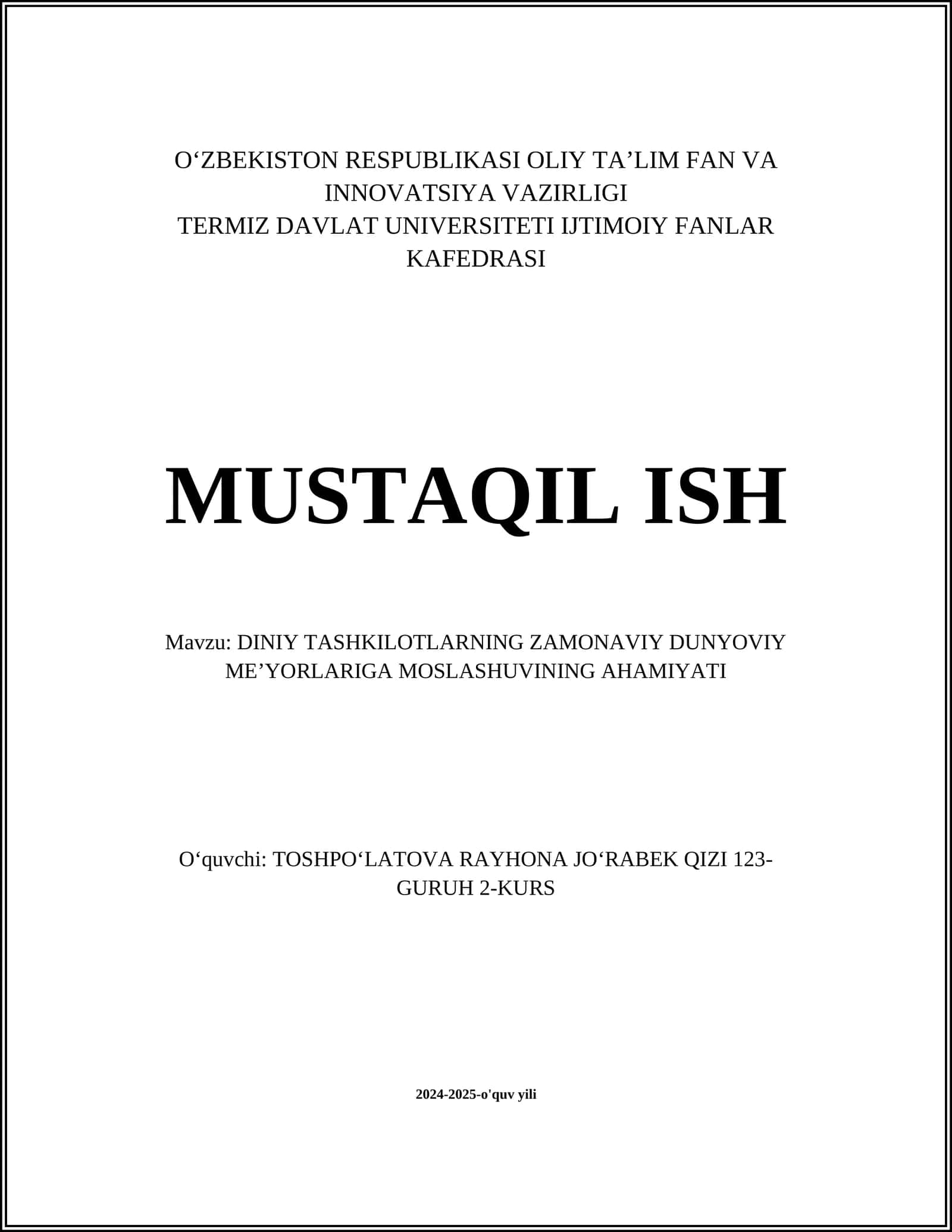 DINIY TASHKILOTLARNING ZAMONAVIY DUNYOVIY MEʼYORLARIGA MOSLASHUVINING AHAMIYATI 1