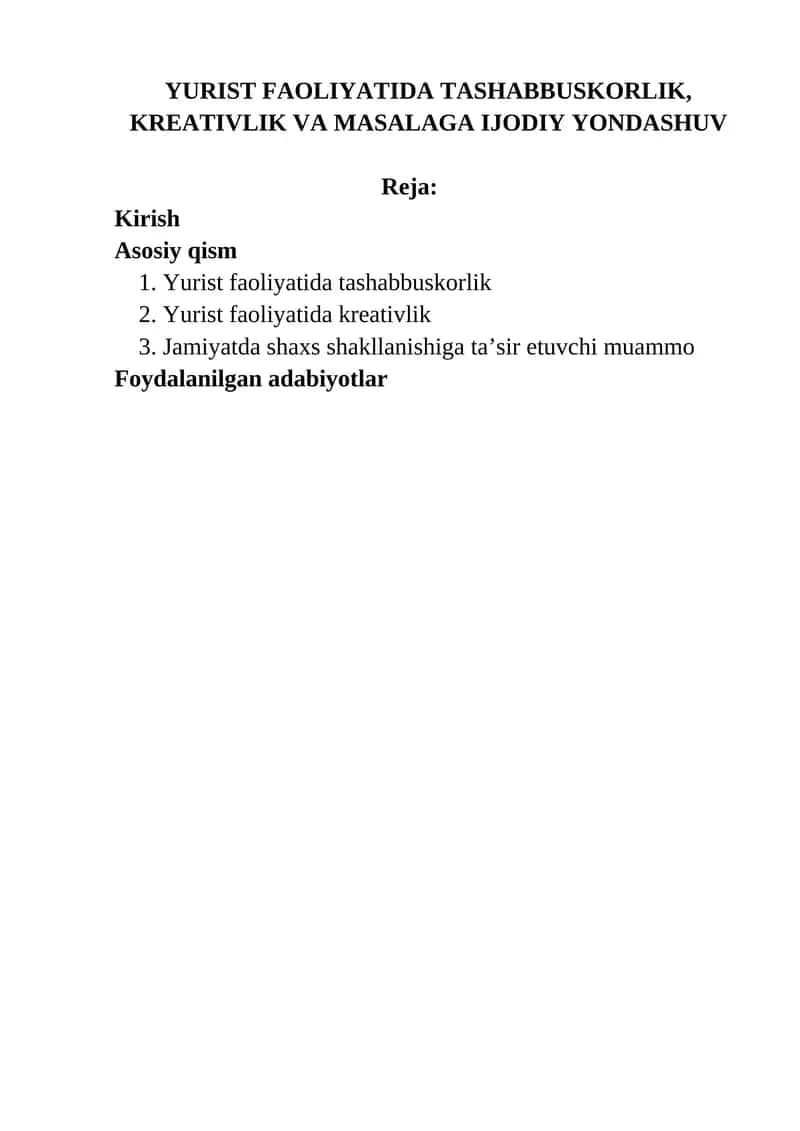 YURIST FAOLIYATIDA TASHABBUSKORLIK,  KREATIVLIK VA MASALAGA IJODIY YONDASHUV 1