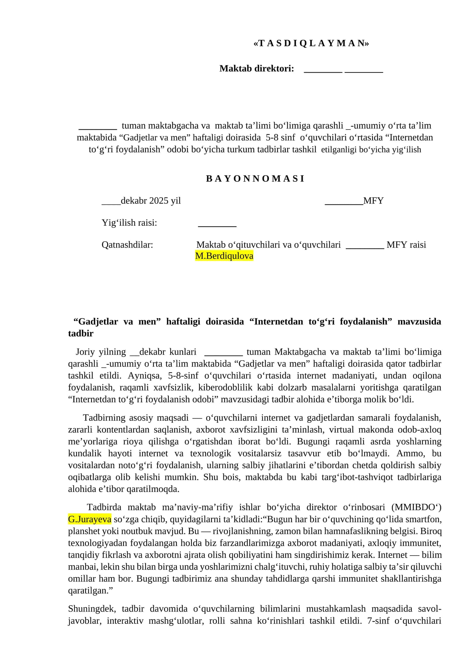 "Gadjetlar va men" haftaligi doirasida "Internetdan to‘g‘ri foydalanish" mavzusida tadbir 1
