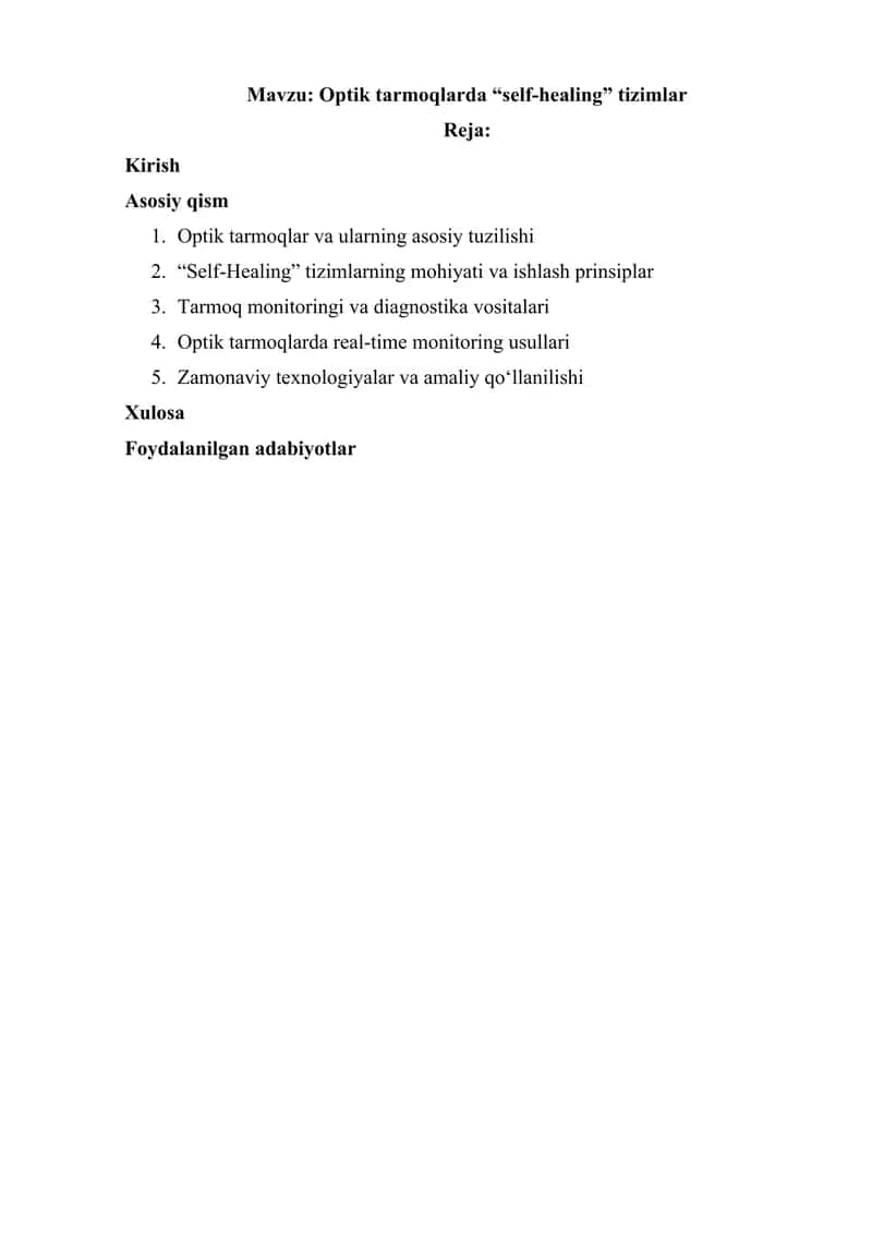 Optik tarmoqlarda “self-healing” tizimlar 1