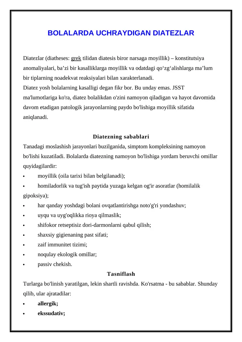 BOLALARDA UCHRAYDIGAN DIATEZLAR