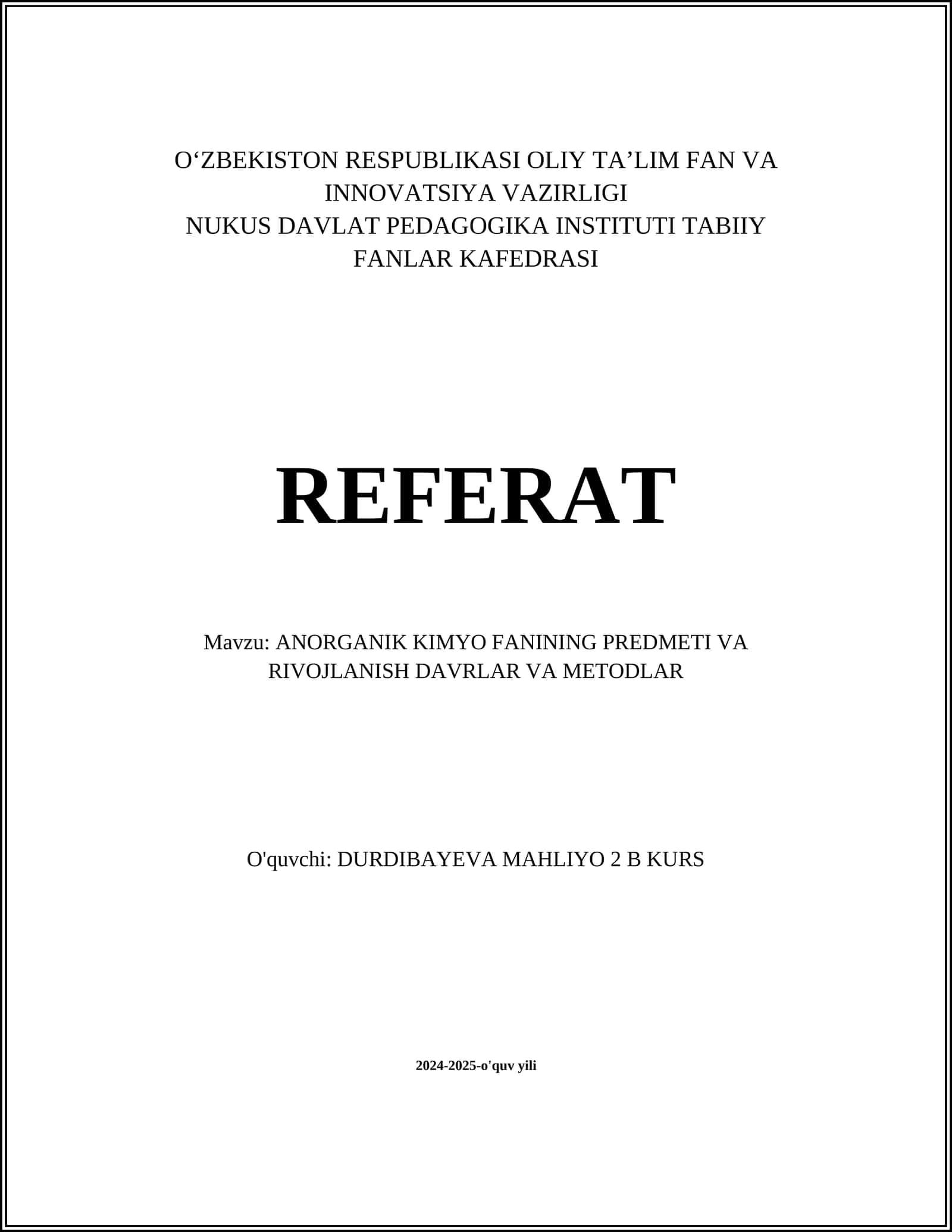ANORGANIK KIMYO FANINING PREDMETI VA RIVOJLANISH DAVRLAR VA METODLAR 1