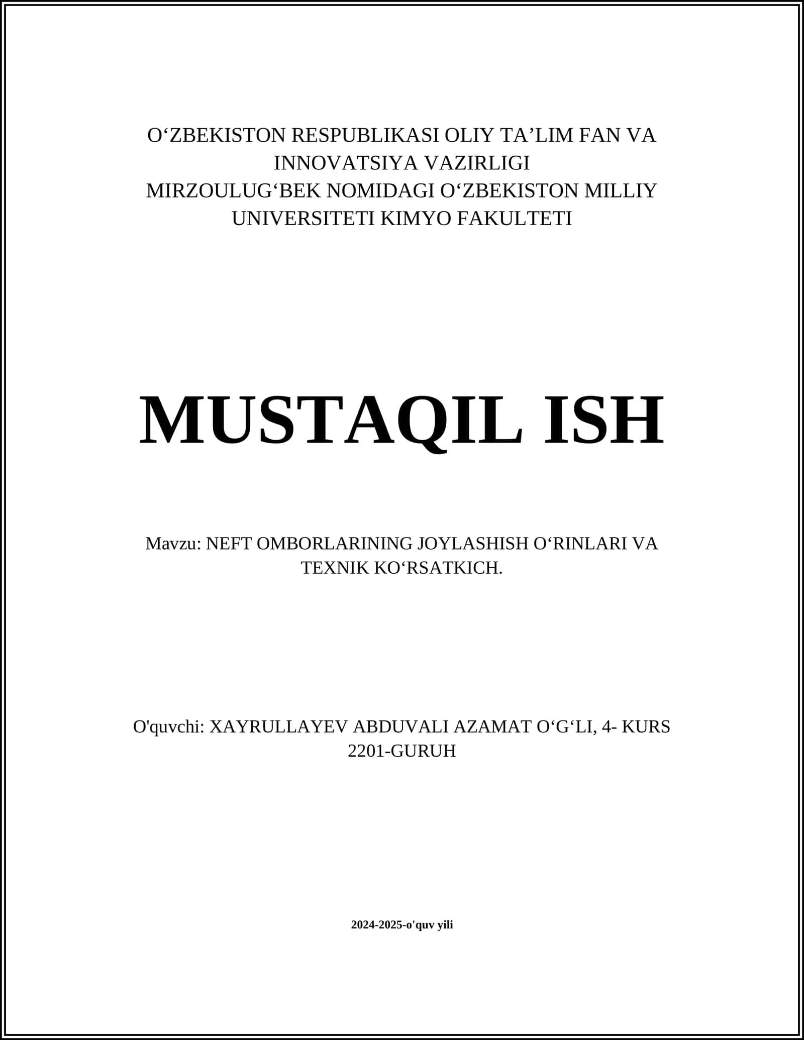 NEFT OMBORLARINING JOYLASHISH OʻRINLARI VA TEXNIK KOʻRSATKICH 1