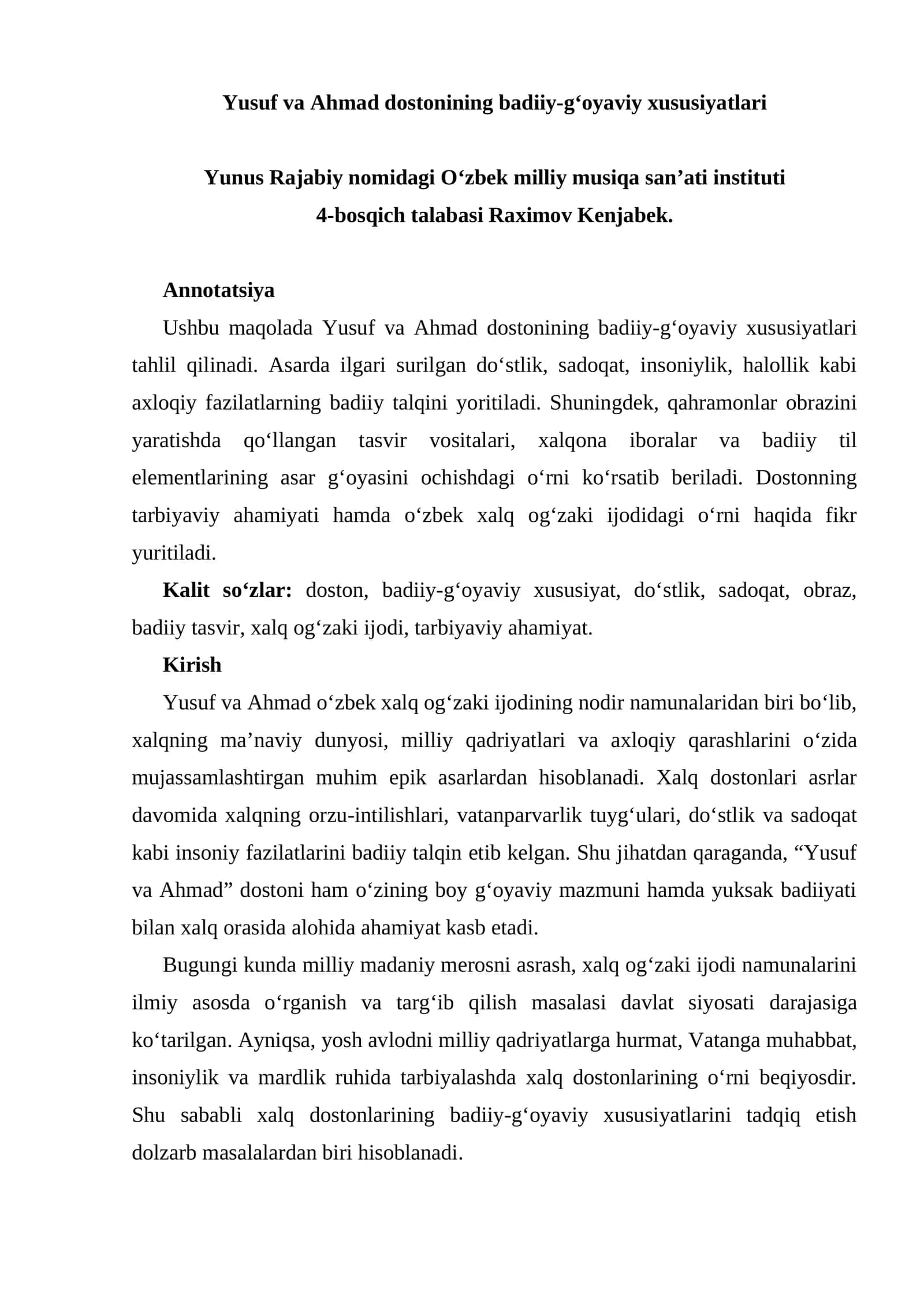 Yusuf va Ahmad dostonining badiiy-g‘oyaviy xususiyatlari 1