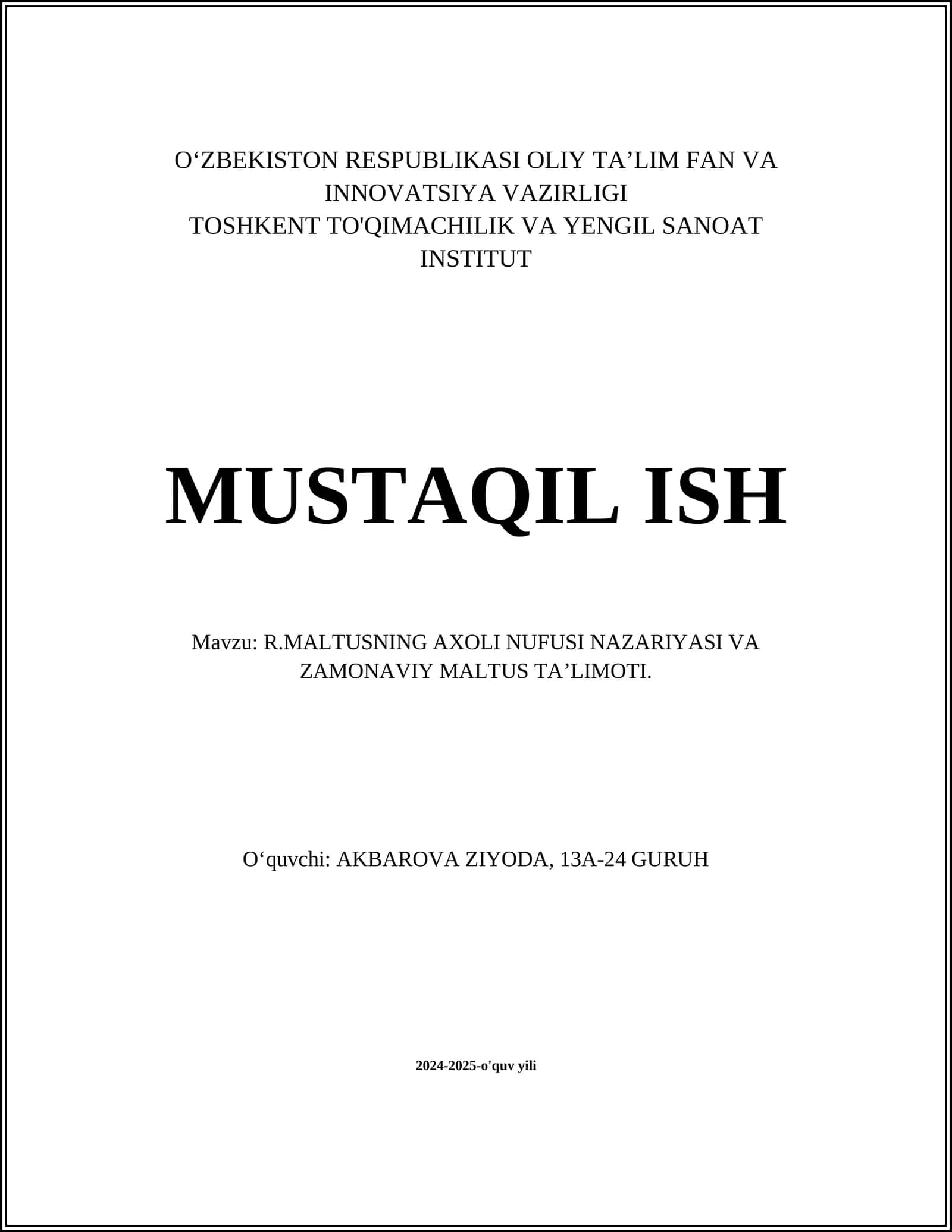 R.Maltusning Axoli Nufusi Nazariyasi va Zamonaviy Maltus Ta'limoti 1