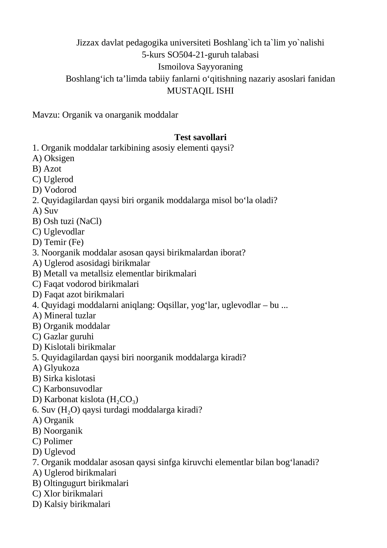 Organik va onarganik moddalar 1
