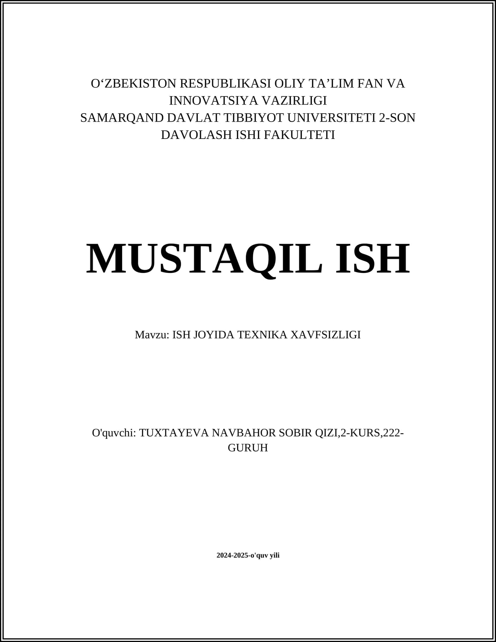 ISH JOYIDA TEXNIKA XAVFSIZLIGI 1