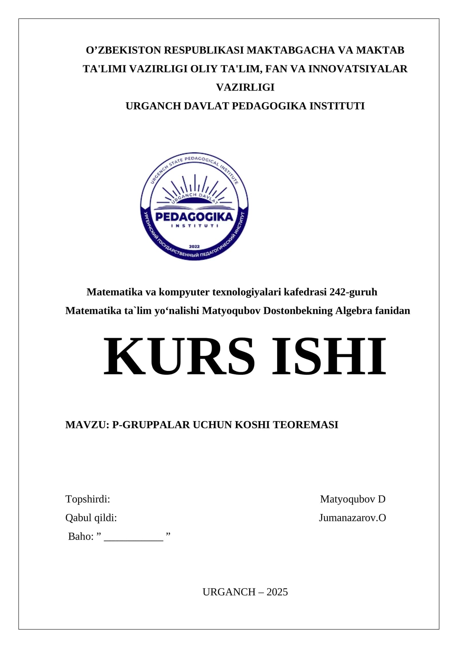 P-GRUPPALAR UCHUN KOSHI TEOREMASI 1