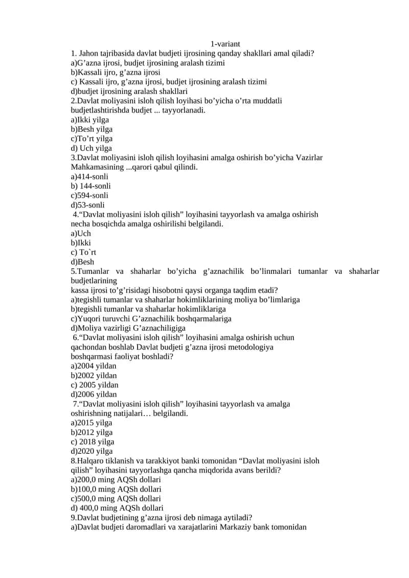 Davlat moliyasini isloh qilish 1
