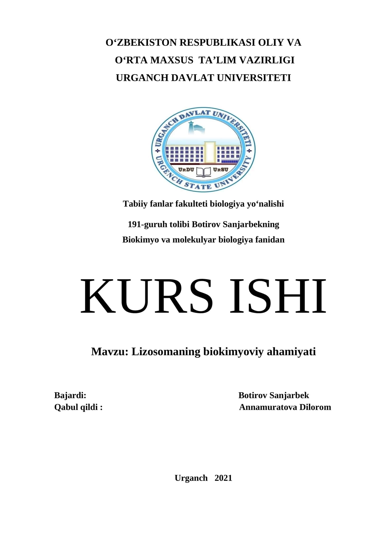Lizosomaning biokimyoviy ahamiyati KURS ISHI 1