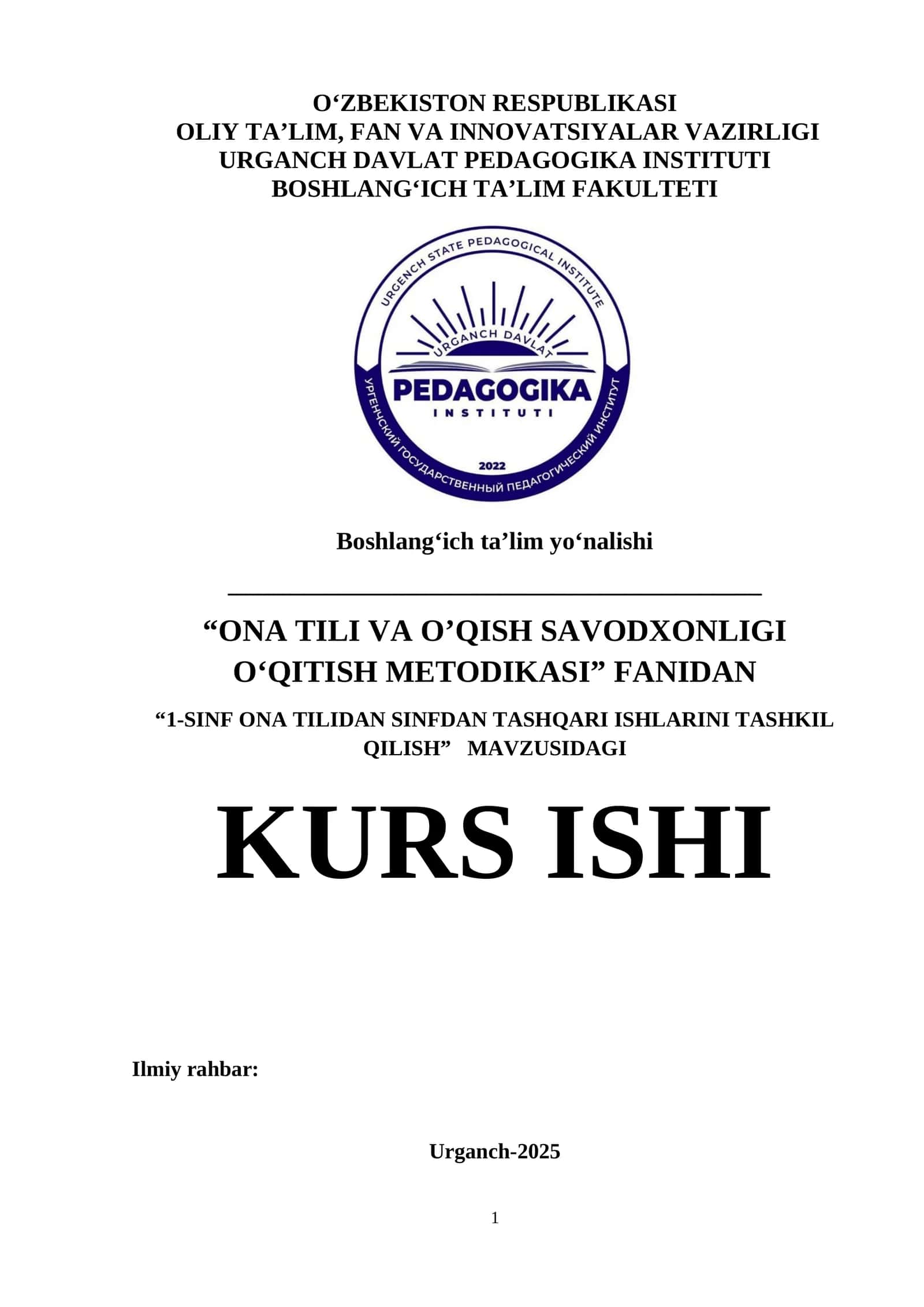 1-SINF ONA TILIDAN SINFDAN TASHQARI ISHLARINI TASHKIL QILISH 1