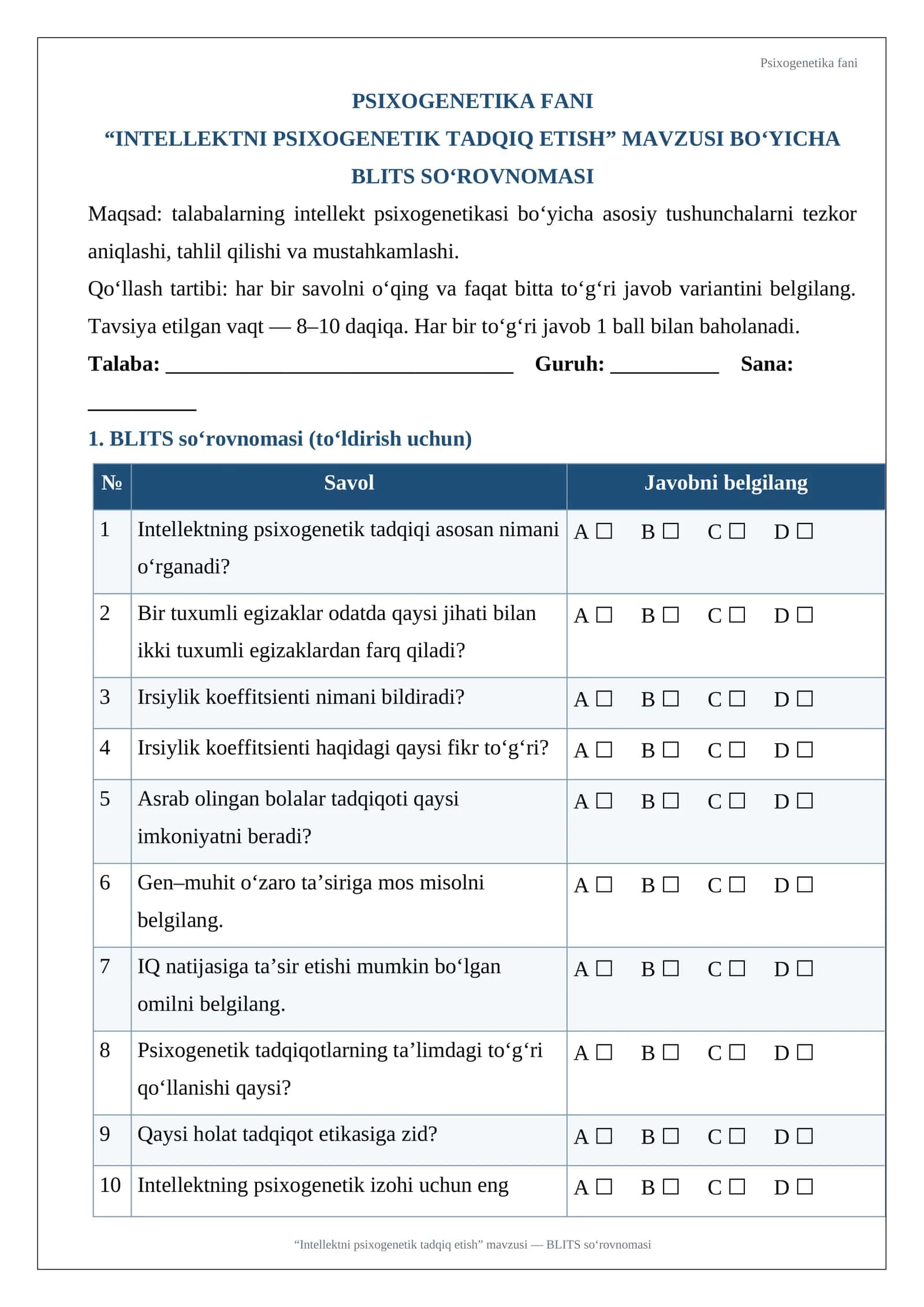 Intellektni psixogenetik tadqiq etish BLITS so'rovnomasi. 1