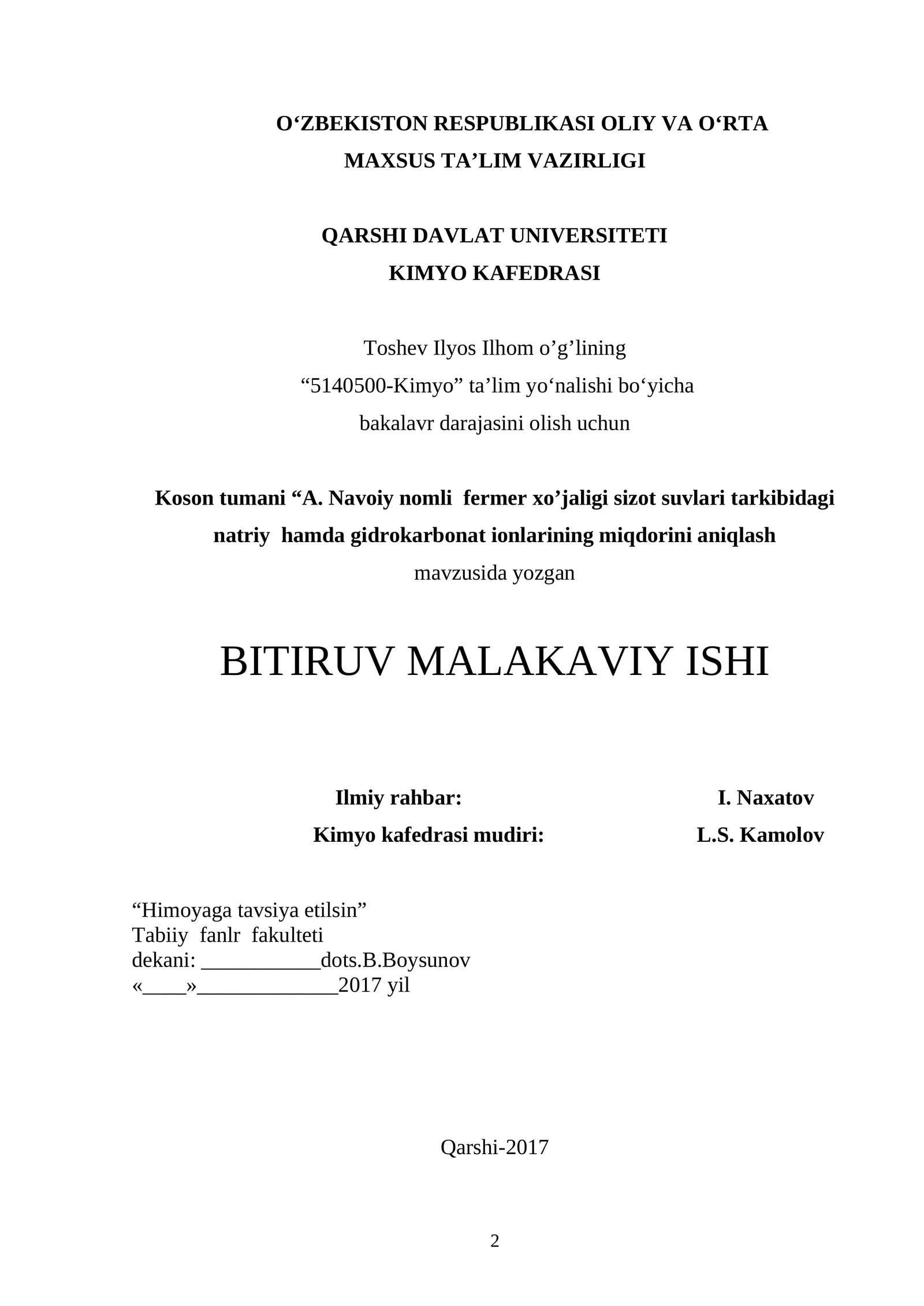 Koson tumani “A. Navoiy nomli fermer xo’jaligi sizot suvlari tarkibidagi natriy hamda gidrokarbonat ionlarining miqdorini aniqlash 1