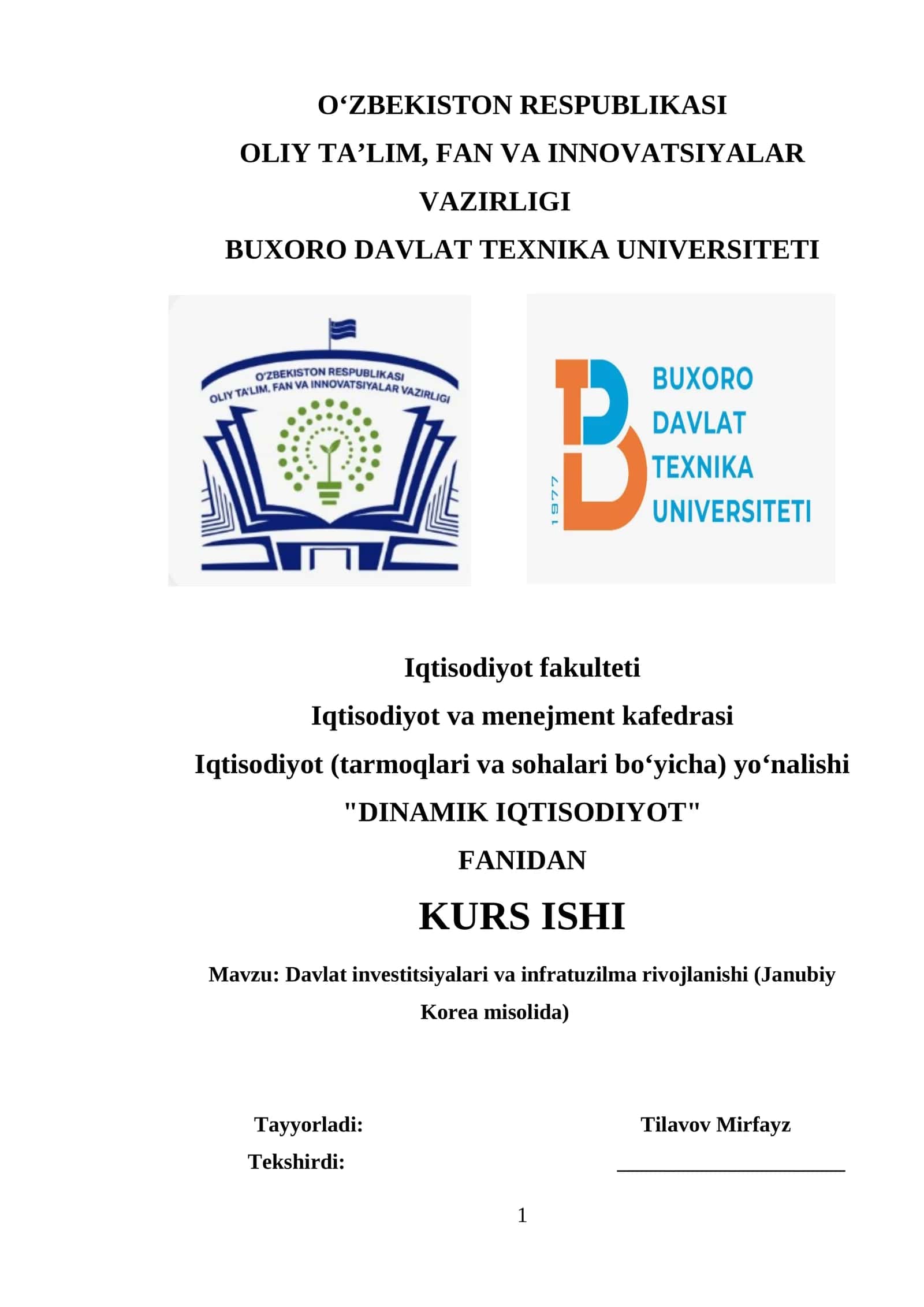 Davlat investitsiyalari va infratuzilma rivojlanishi (Janubiy Korea misolida) 1