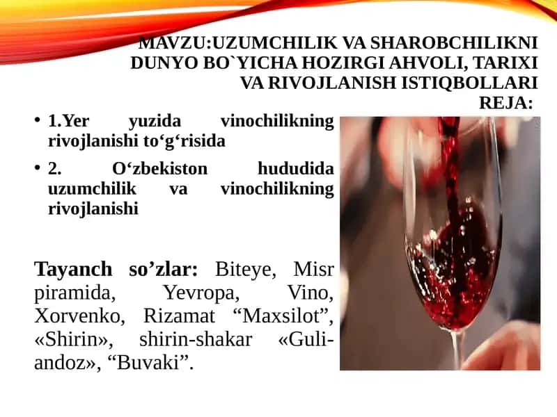 Uzumchilik va sharobchilikni dunyo bo`yicha hozirgi ahvoli, tarixi va rivojlanish istiqbollari 1