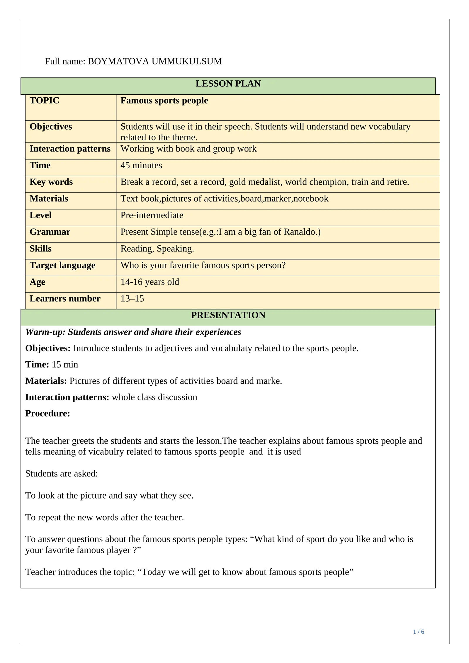 Lesson plan ESP Famous sports people 1