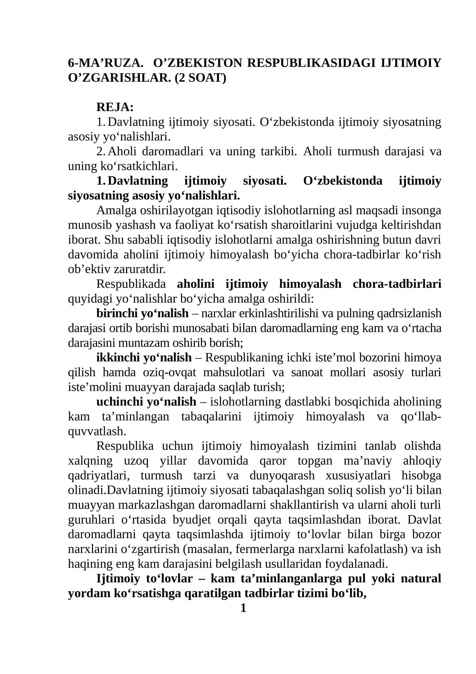 6-MA’RUZA. O’ZBEKISTON RESPUBLIKASIDAGI IJTIMOIY O’ZGARISHLAR 1