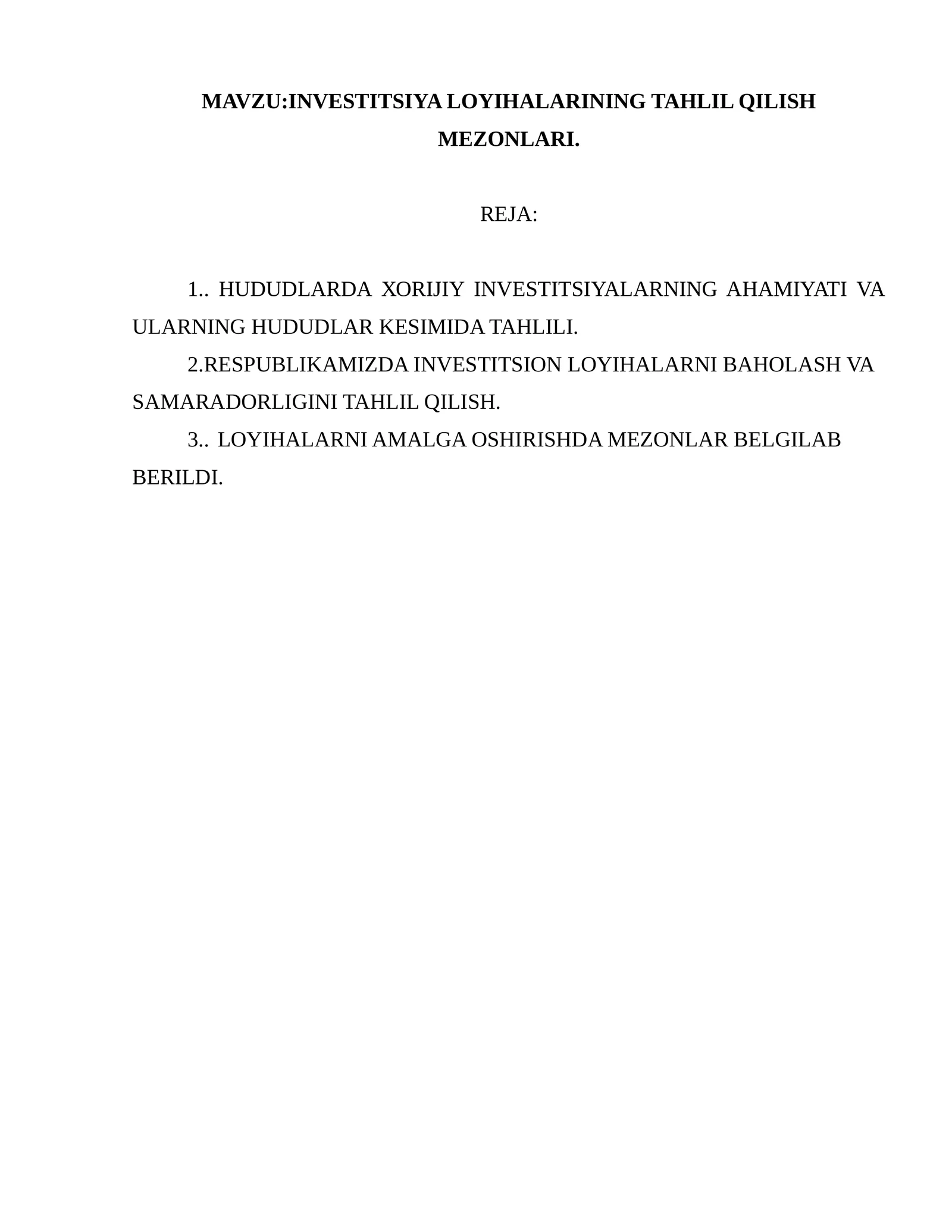 INVESTITSIYA LOYIHALARINING TAHLIL QILISH MEZONLARI 1