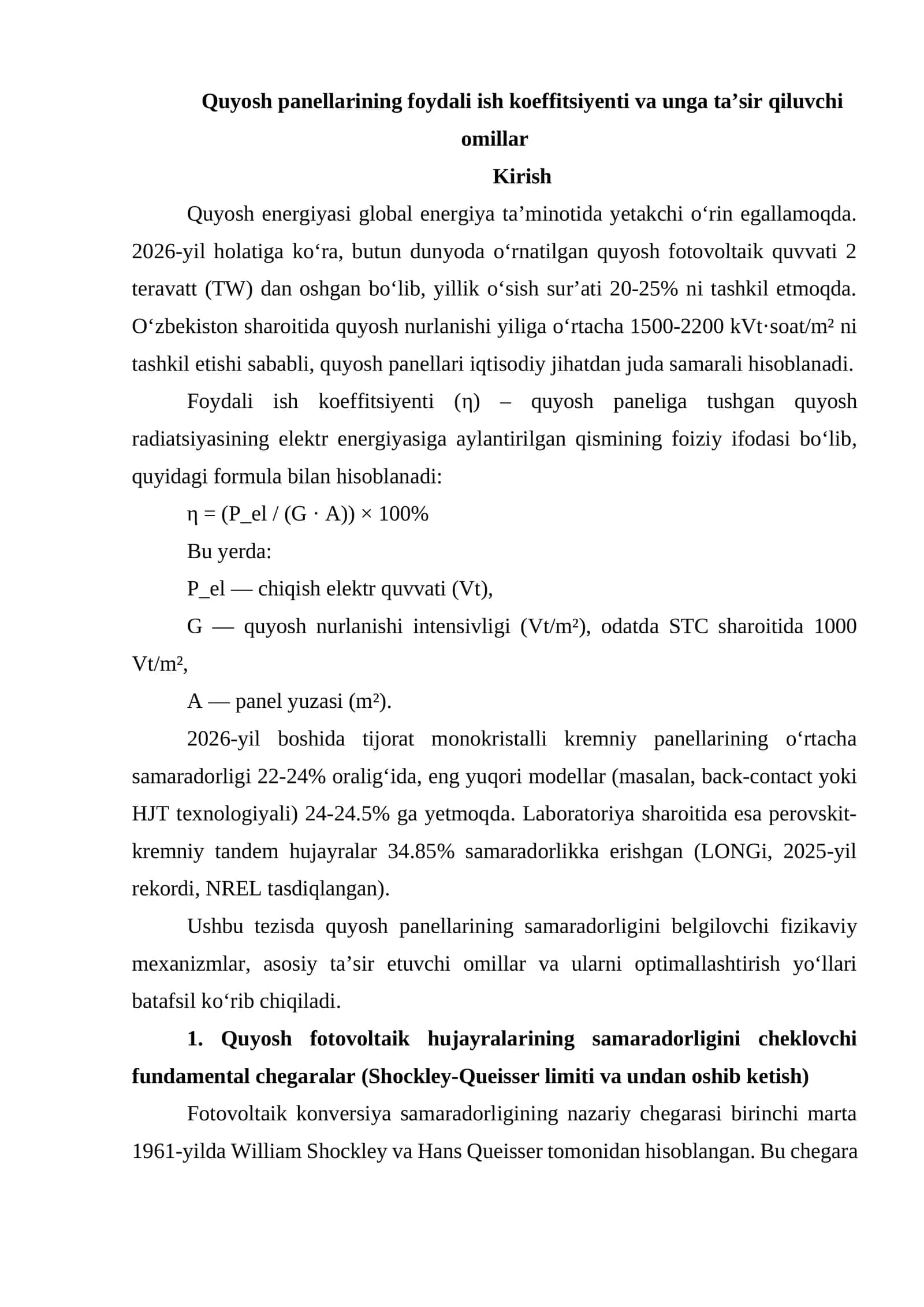 Quyosh panellarining foydali ish koeffitsiyenti va unga ta’sir qiluvchi omillar 1