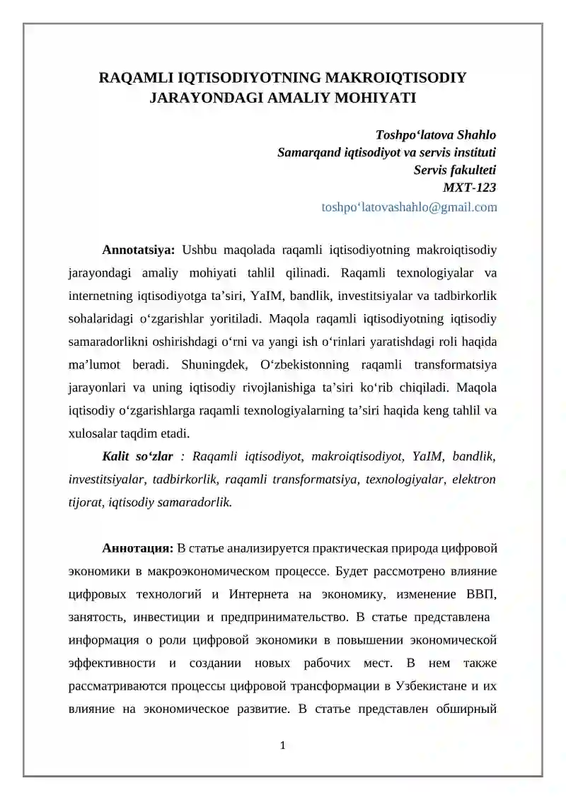RAQAMLI IQTISODIYOTNING MAKROIQTISODIY JARAYONDAGI AMALIY MOHIYATI
