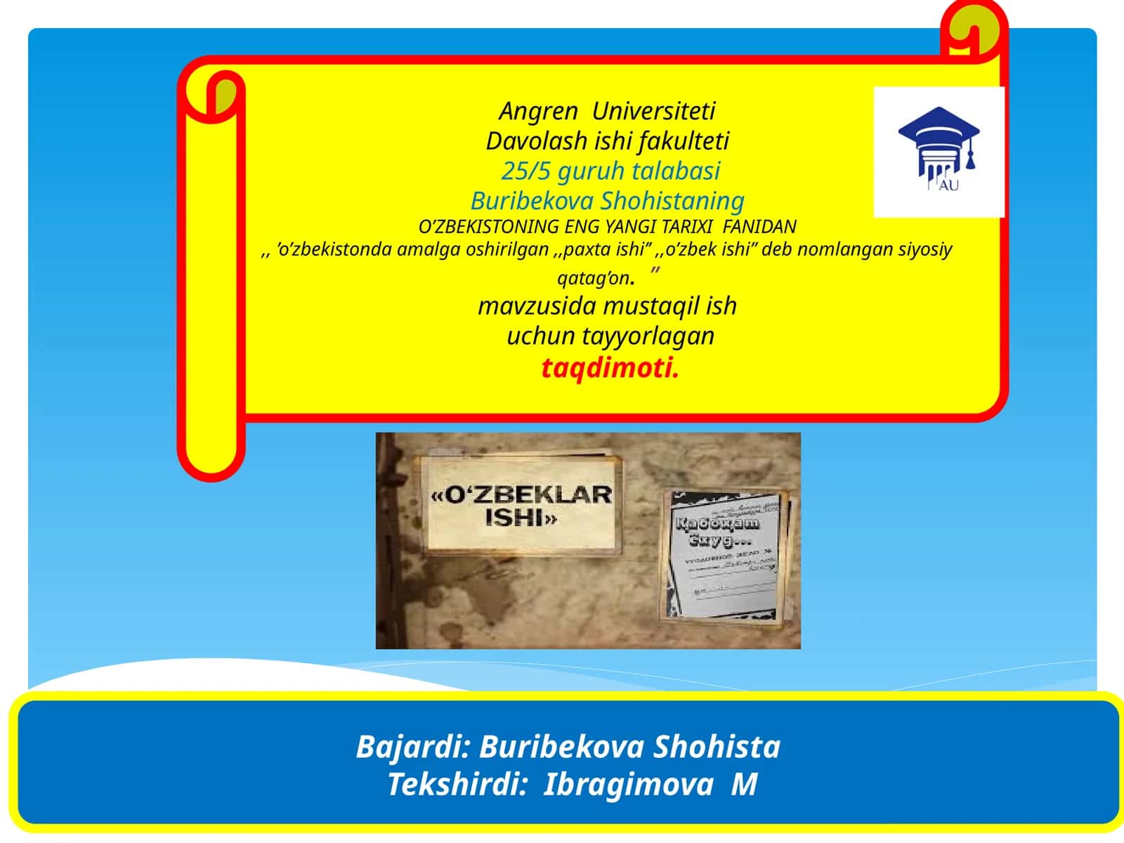 O’ZBEKISTONING ENG YANGI TARIXI FANIDAN,,’o’zbekistondaamalgaoshirilgan,,paxtaishi’’,,o’zbekishi’’ debnomlangansiyosiyqatag’on.’’mavzusidamustaqilish 1
