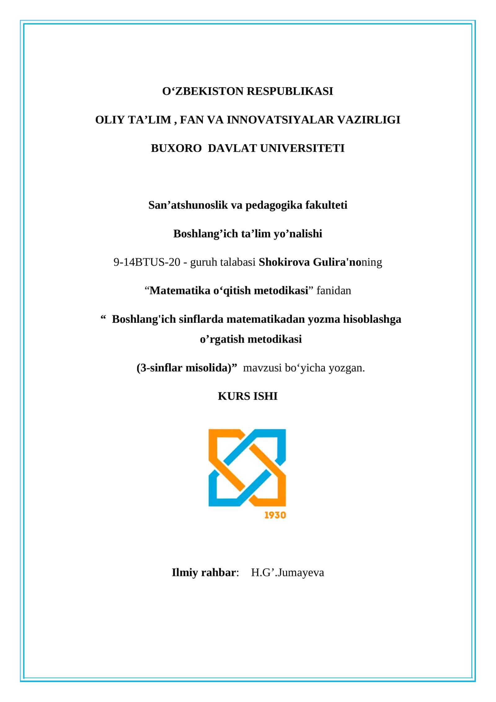 Boshlang'ich sinflarda matematikadan yozma hisoblashga o’rgatish metodikasi (3-sinflar misolida) 1