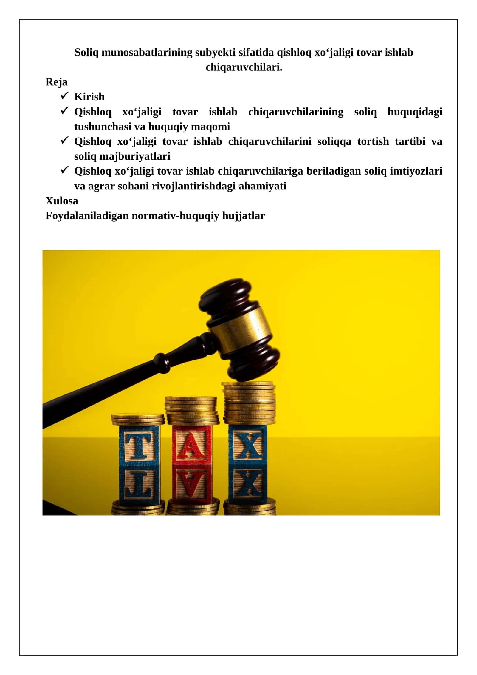 Soliq munosabatlarining subyekti sifatida qishloq xо‘jaligi tovar ishlab chiqaruvchilari 1