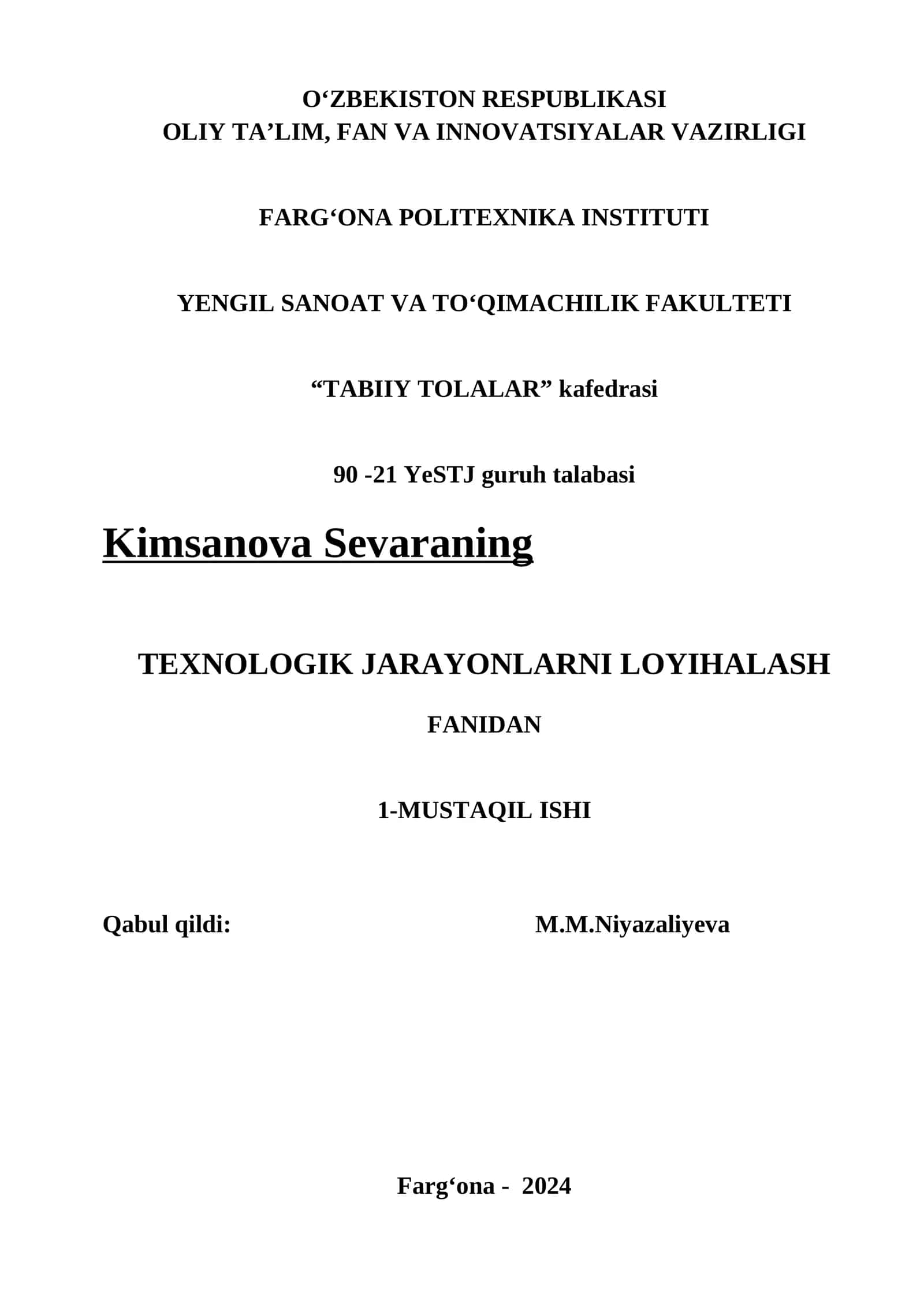 TEXNOLOGIK JARAYONLARNI LOYIHALASH FANI 1