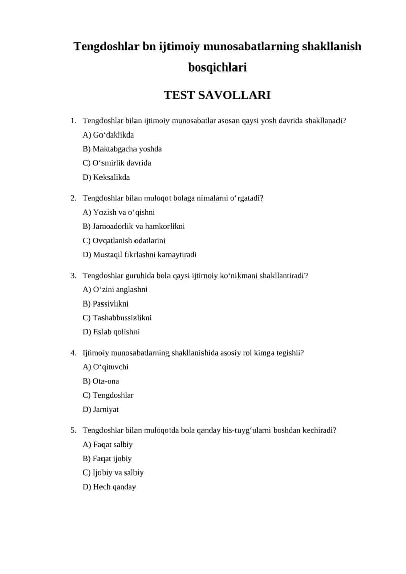 Tengdoshlar bn Ijtimoiy Munosabatlarning Shakllanish Bosqichlari 1