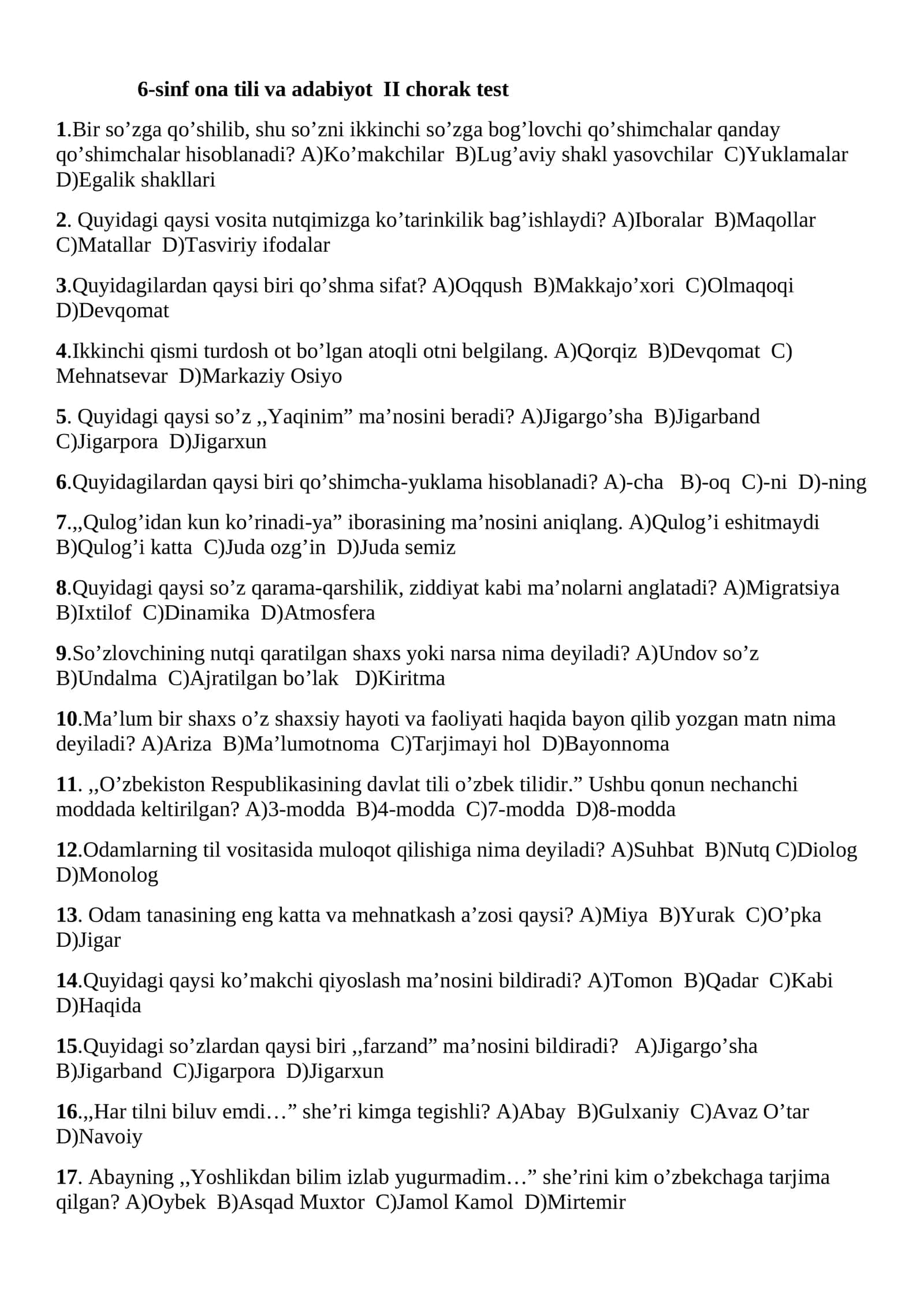 6-sinf ona tili va adabiyot II chorak test 1