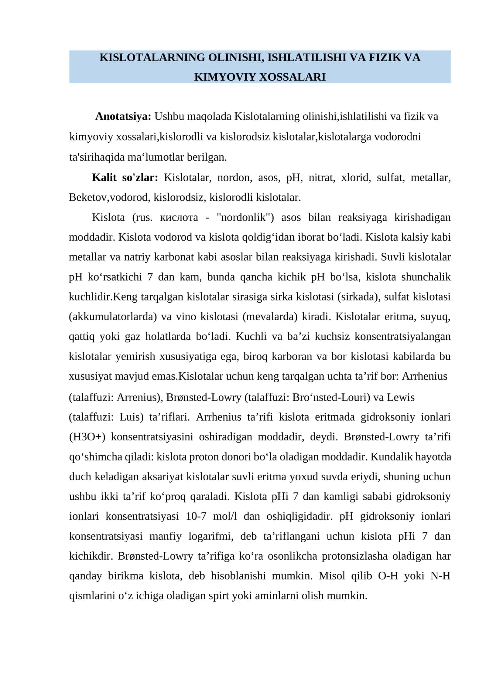 Kislotalarning olinishi, ishlatilishi va fizik va kimyoviy xossalari 1