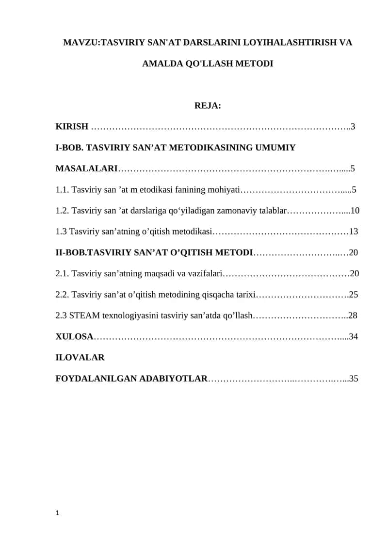 TASVIRIY SAN'AT DARSLARINI LOYIHALASHTIRISH VA AMALDA QO'LLASH METODI 1
