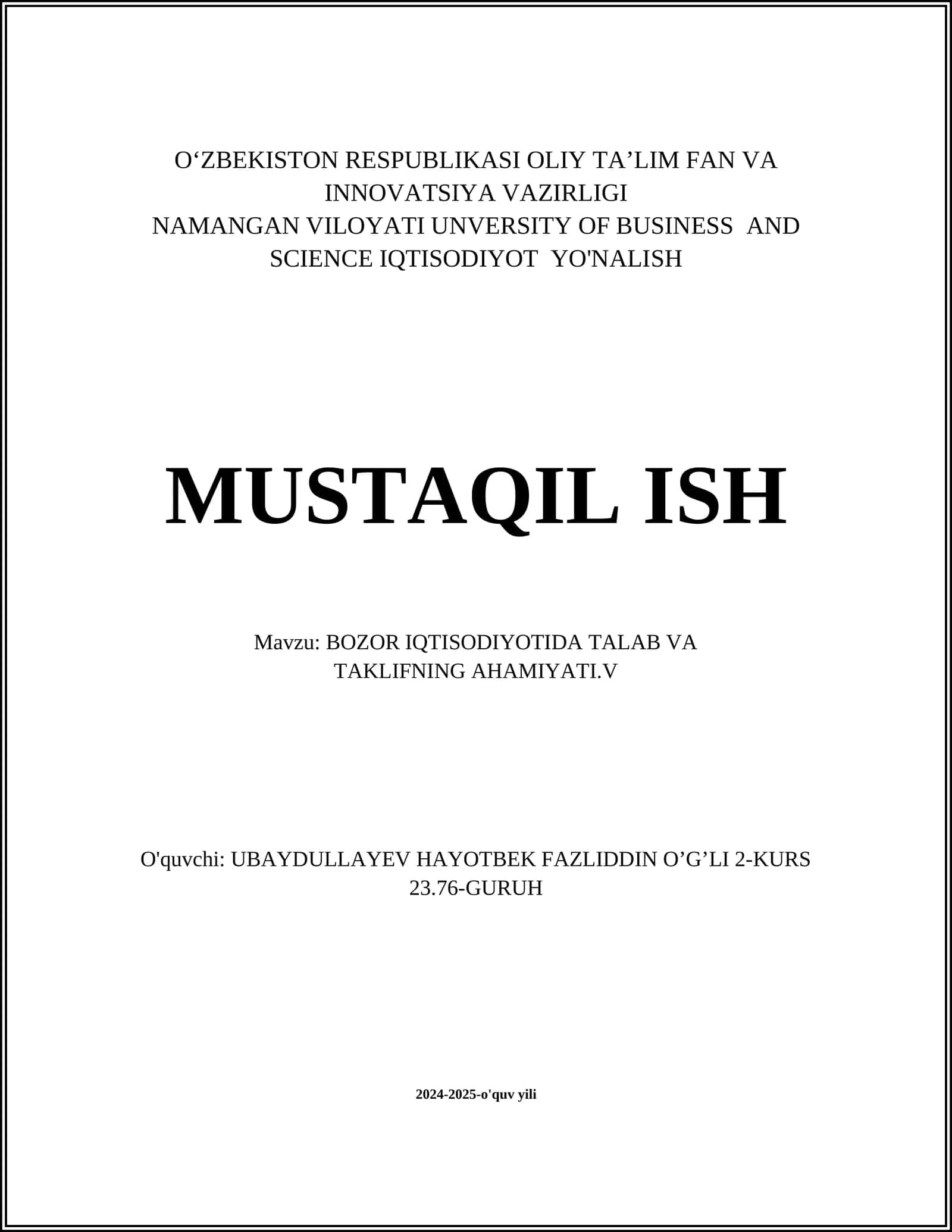 BOZOR IQTISODIYOTIDA TALAB VA TAKLIFNING AHAMIYATI.V 1